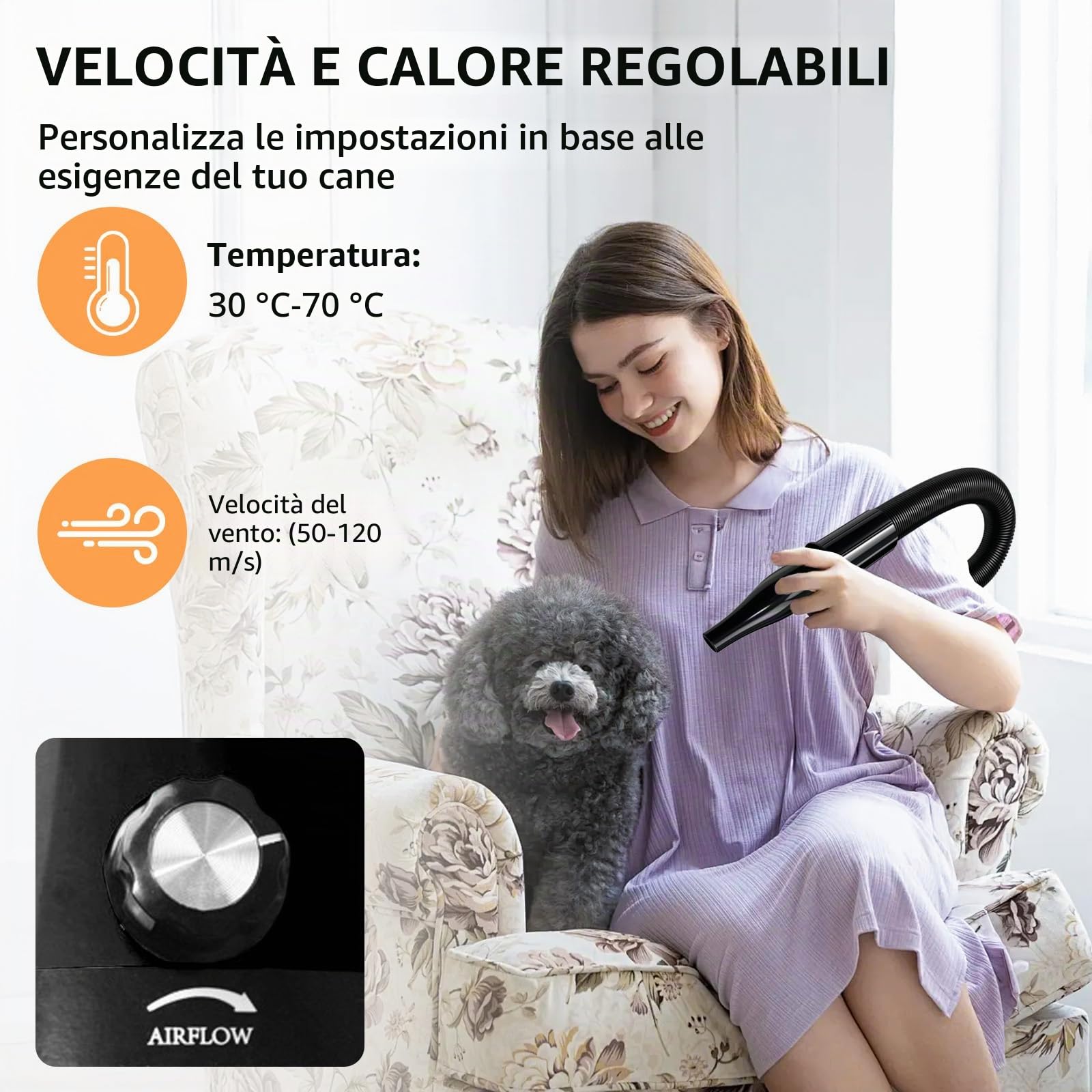 Asciugacapelli per cani, 3200 W, molto silenzioso, 3200 W, asciugacapelli per cani con velocità e temperature regolabili, 4 diversi ugelli, tubo elastico e spazzola per la cura