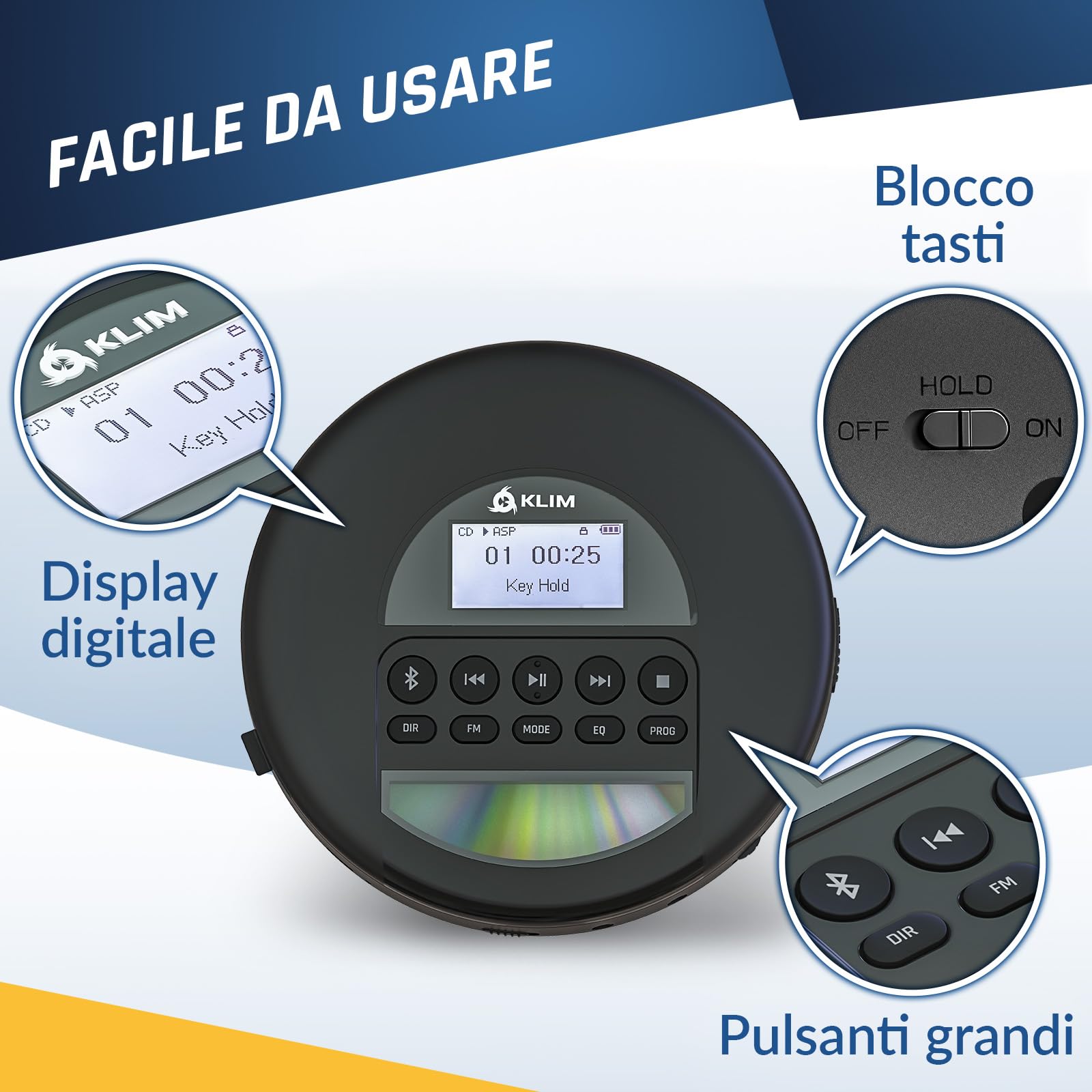 KLIM Nomad - Lettore cd portatile - Batteria a Lunga Durata - Include Auricolari - Compatibile con CD-R, CD-RW, MP3 - Lettore SD, Radio FM, Bluetooth - Ideale per Auto - Hi-Fi - Nuovo
