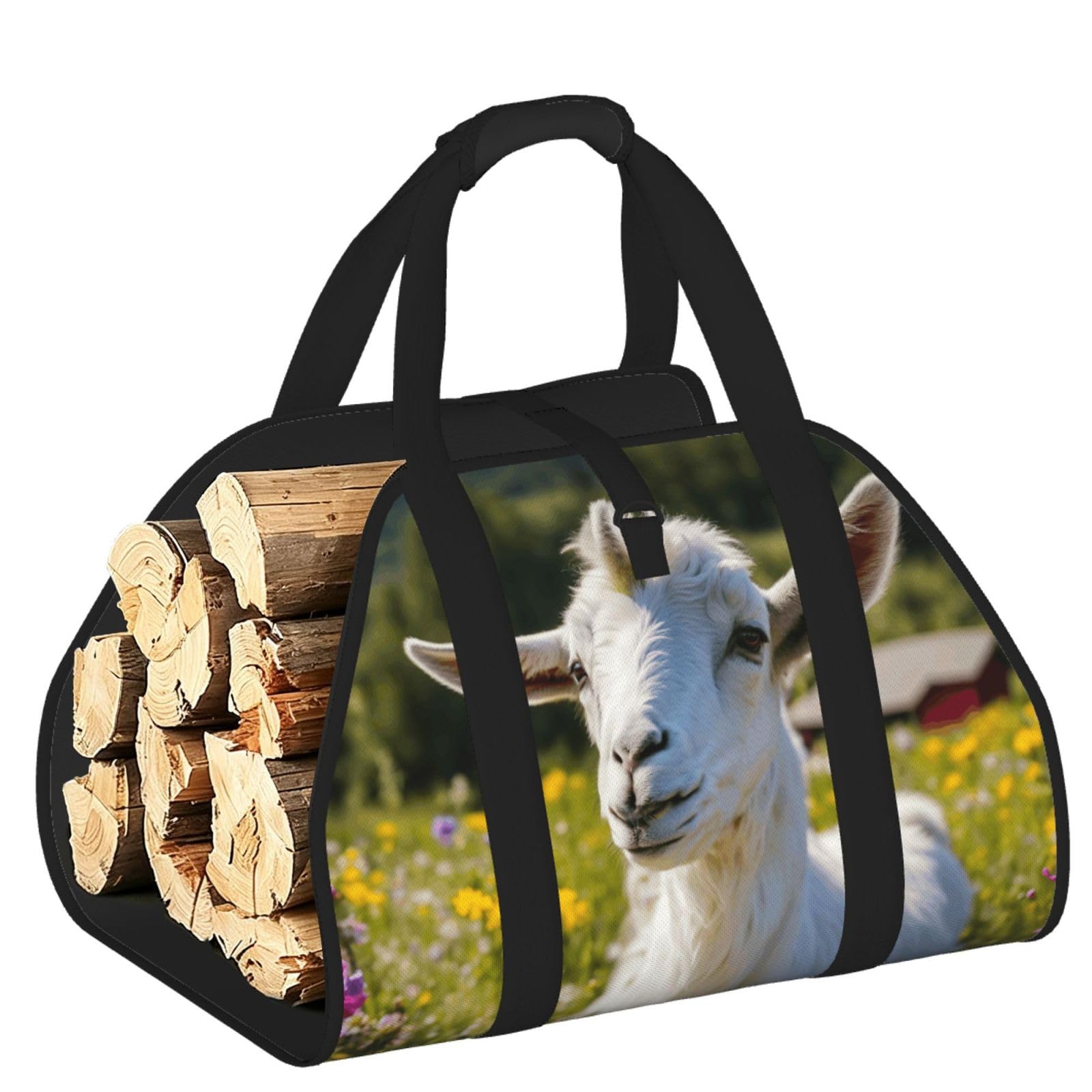Ayyqwe Black Goat Print Firewood Bag Wood Waterproof Versatile Camping Picnic Storage Daily Home