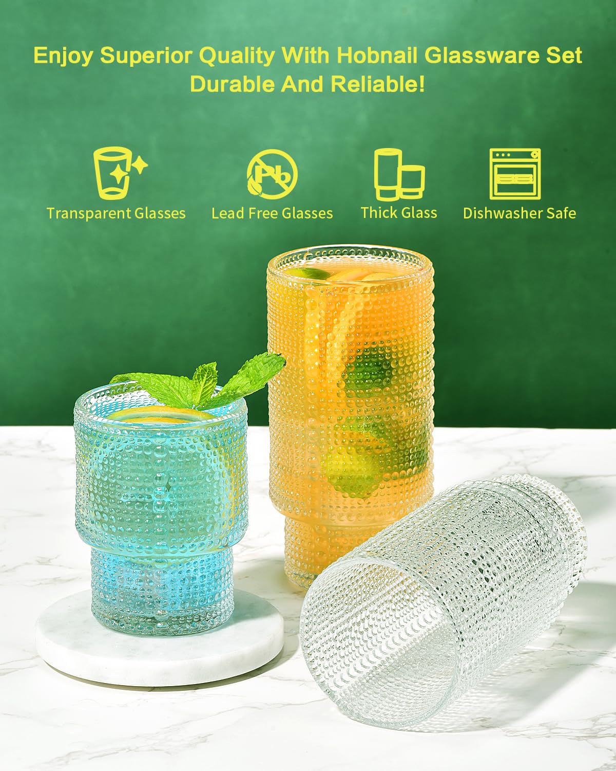 ISMASOAN Hobnail - Juego de 12 vasos de vidrio de 12 onzas y 7 onzas, cristalería de hoballo, cristalería vintage, vaso de agua romántico, vasos de beber, vasos Collins
