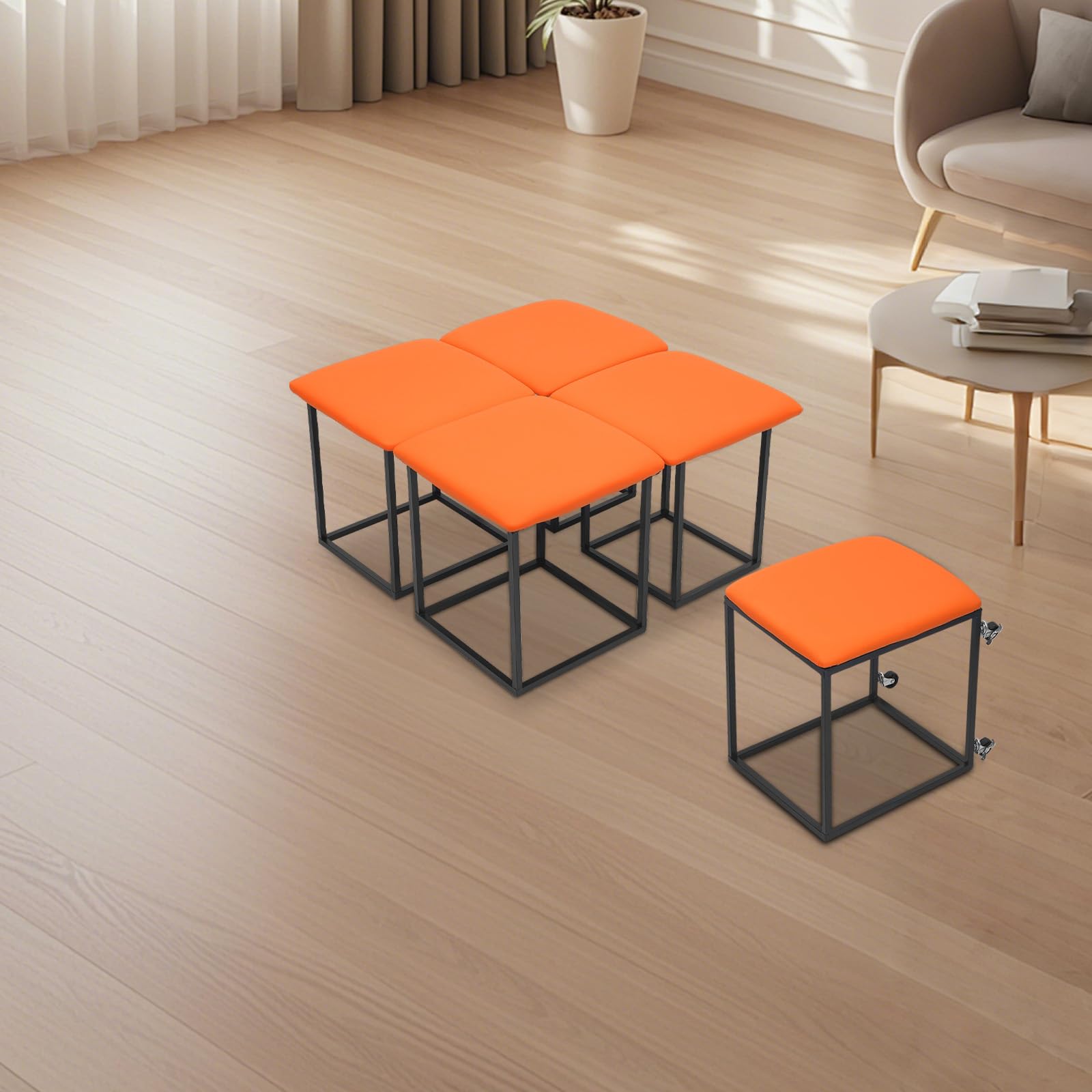5 in 1 Sgabello multifunzione a cubo con ruote e freni, superficie in poliuretano, impilabile, per soggiorno, camera da letto, studio (arancione-rosso)
