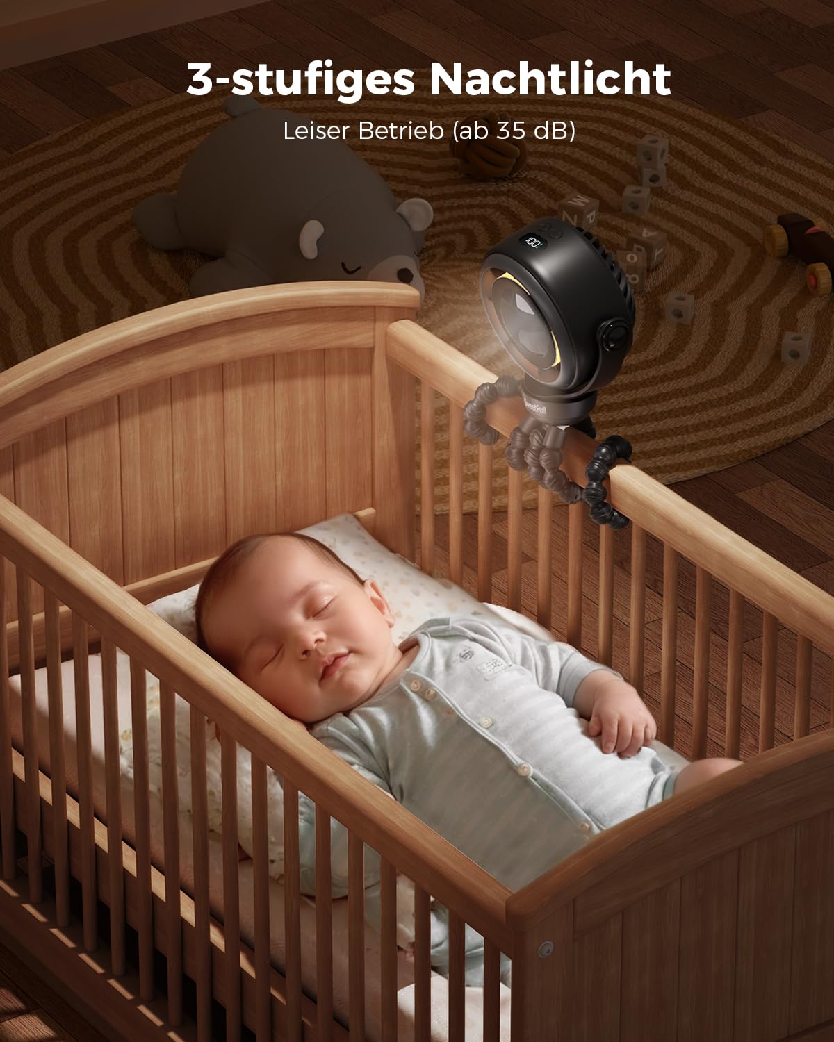 SWEETFULL Kinderwagen Ventilator Baby Leise - 4000mAh Akku Ventilator für Kinderwagen mit Clip, 360° Drehbar Tragbarer Mini Lüfter mit LED-Anzeige & Nachtlicht für Buggy, Autositz & Reisen