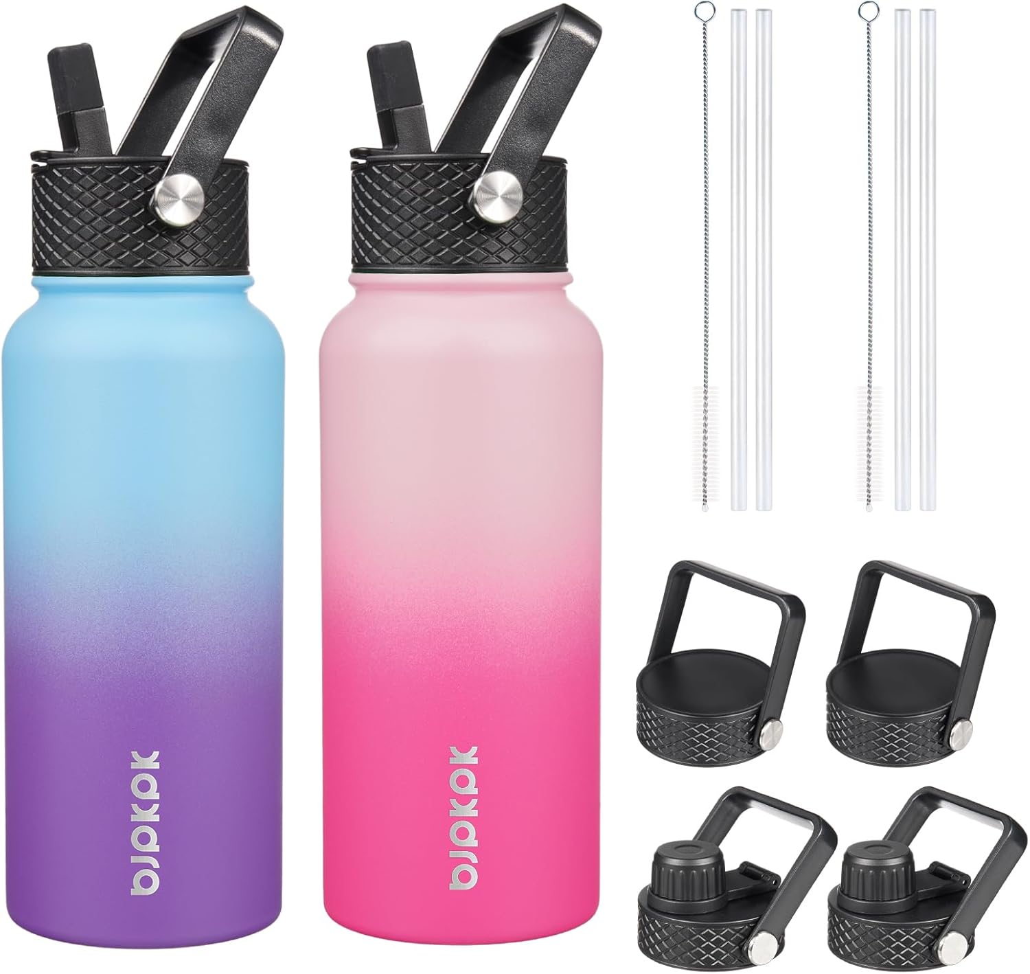 BJPKPK 2 Pack Insulated Water Bottles with Straw Lids, 32oz Stainless Steel Metal Water Bottle with 6 Lids, Leak Proof BPA Free Thermo, Cups, Flasks for Travel, Sports (Cherry+Ocean Dream) 32oz(950ml) Cherry+Ocean Dream