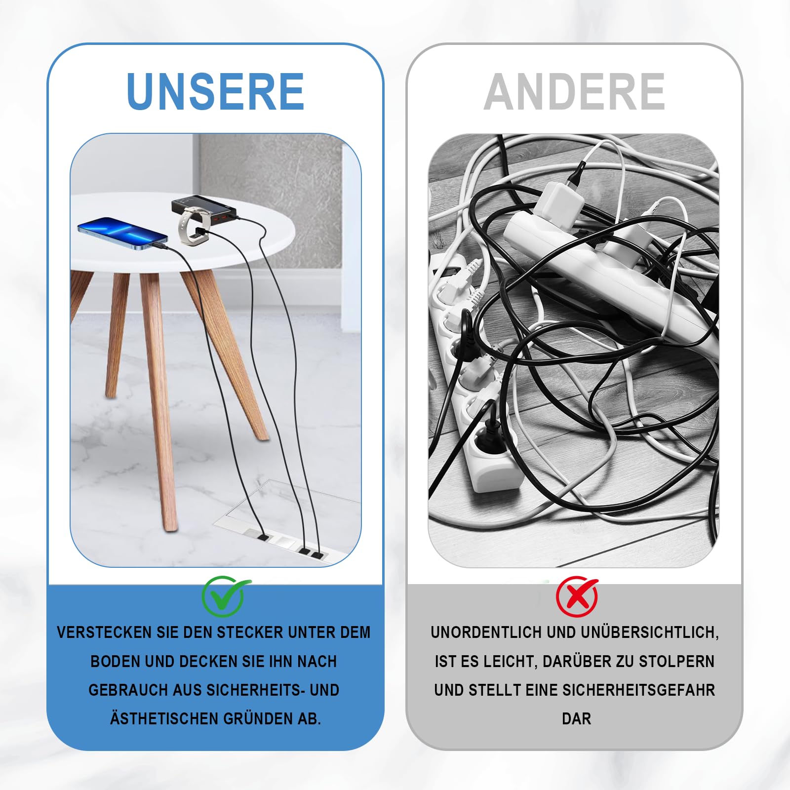 Versenkbare Bodensteckdose (20 x 13 x 6.5 cm)Einbausteckdose Bodensteckdose | Edelstahl Wasserdichte mit 3 Steckdosen 2 Netzwerkkabelanschlüsse für Küche Wohnzimmer Büro und geschützten Außenbereich