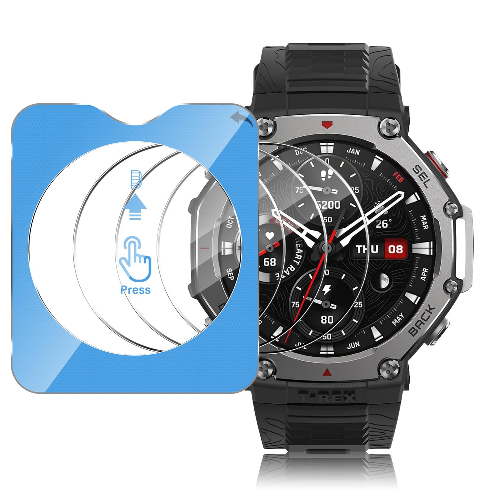 3 Pieces Screen Protector for Amazfit T-Rex 3 Tempered Glass, [9H Hardness Anti-Scratch] [Bubble Free] HD Watch Protector with Precise Locator, Transparent