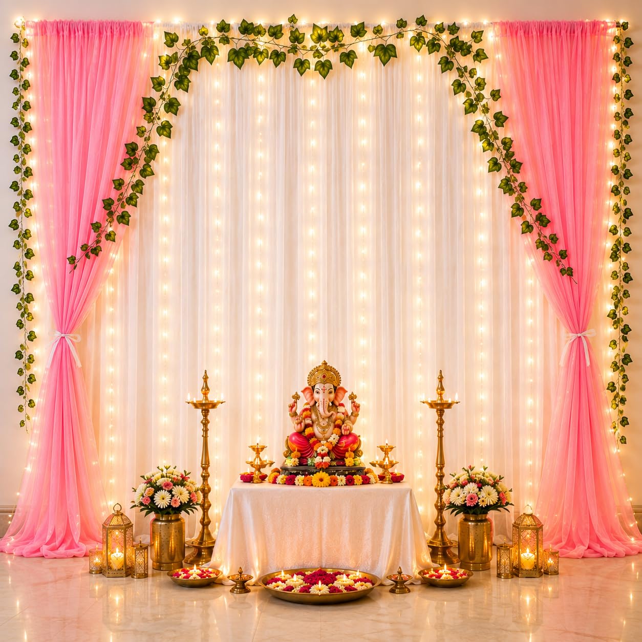 Lazybeee Backdrop Decoration Kit | Net Curtain & Artificial Plant Vines for Ganesh Chaturthi, Haldi & Mehndi, Home Decor & Birthday & Parties | (Ganesh Backdrop Design 8 - C1)