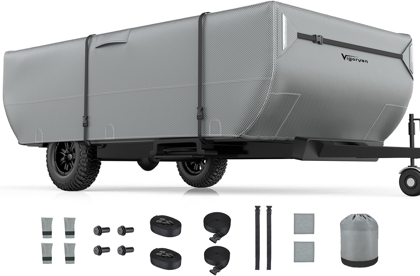 Pop Up Folding Camper Cover Fits 10'-12' Trailers, Upgraded 7 Layers Top Tent Trailer Cover, Anti-UV & Waterproof Folding Trailer Cover with Windproof Straps 10-12FT