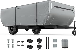 Pop Up Folding Camper Cover Fits 8'-10' Trailers, Upgraded 7 Layers Top Tent Trailer Cover, Anti-UV & Waterproof Folding Trailer Cover with Windproof Straps