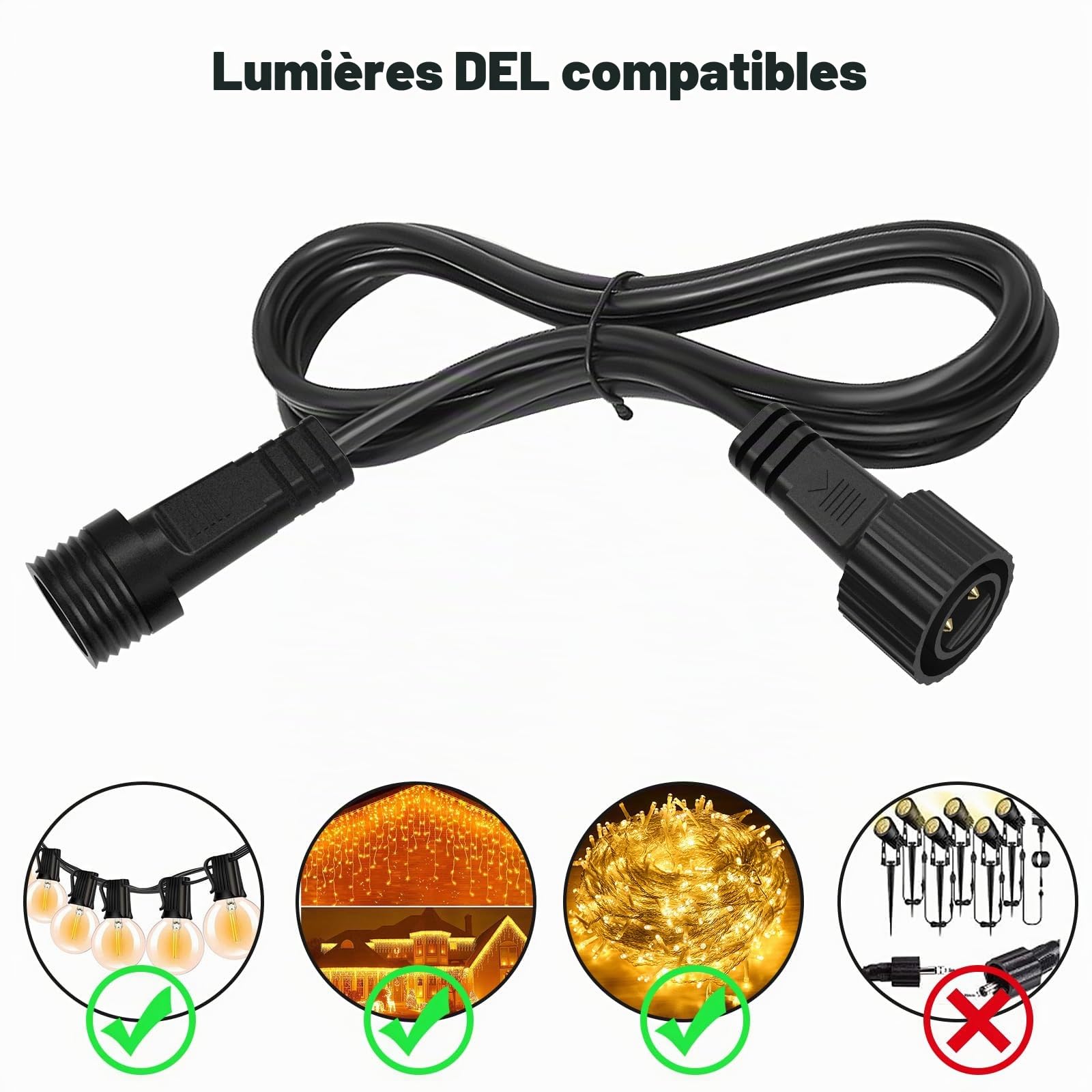 Rallonge Extérieure Étanche 5 m - Câble Long pour Guirlande et Rideau Lumineux - Éclairage de Jardin - Pluie Glacée - Filet Lumineux - Ampoules Solaires