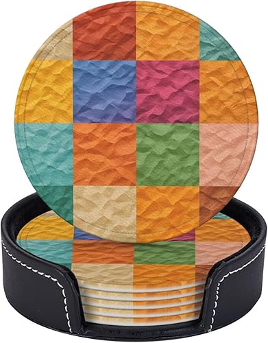 Miniatura 5 de Drink Coasters Set of 6, Paper Crease New Printed PU Leather Round Coaster with Holder for Outdoor, Office, Bar, Funny Heat-Resistant Home Desk Decor