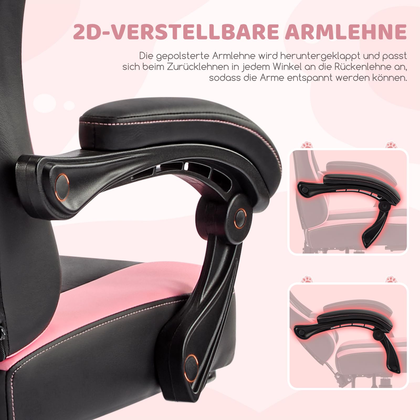 Hellove Cute Gaming Stuhl Katzenohren, Ergonomischer Computerstuhl mit Hoher Rückenlehne und Lendenwirbelstütze, Gamer Stuhl mit Fußstütze für Mädchen, Teenager, Kinder, PU-Leder, Schwarz Rosa