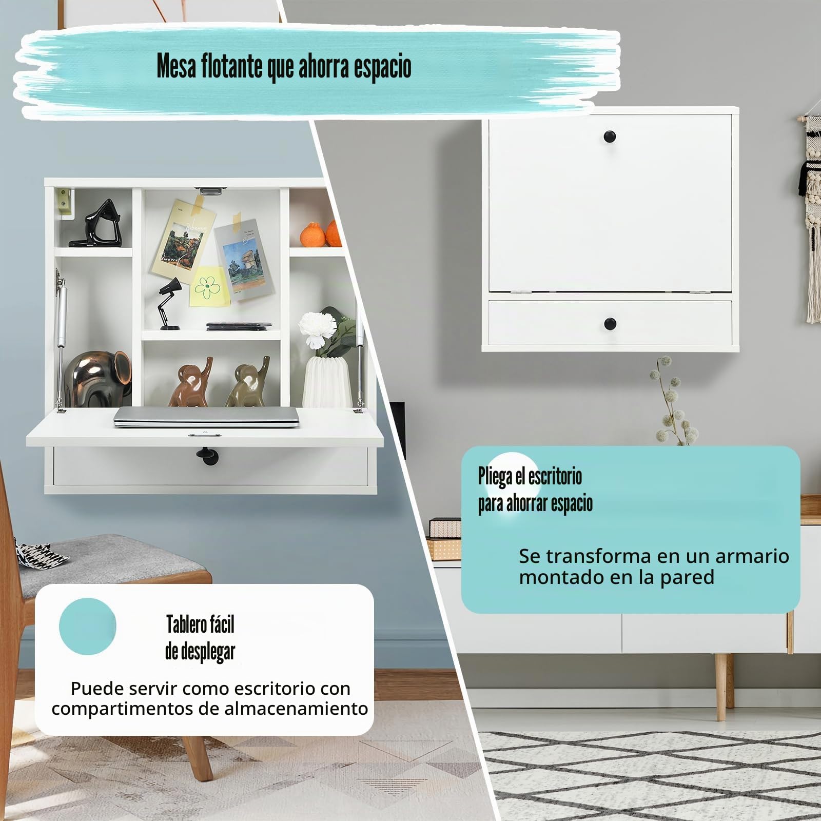 FANTASK Escritorio Plegable para Ordenador con estantes y cajón, Mesa Plegable de Pared, Mesa de Pared para Oficina en casa y Espacios pequeños (Blanco)