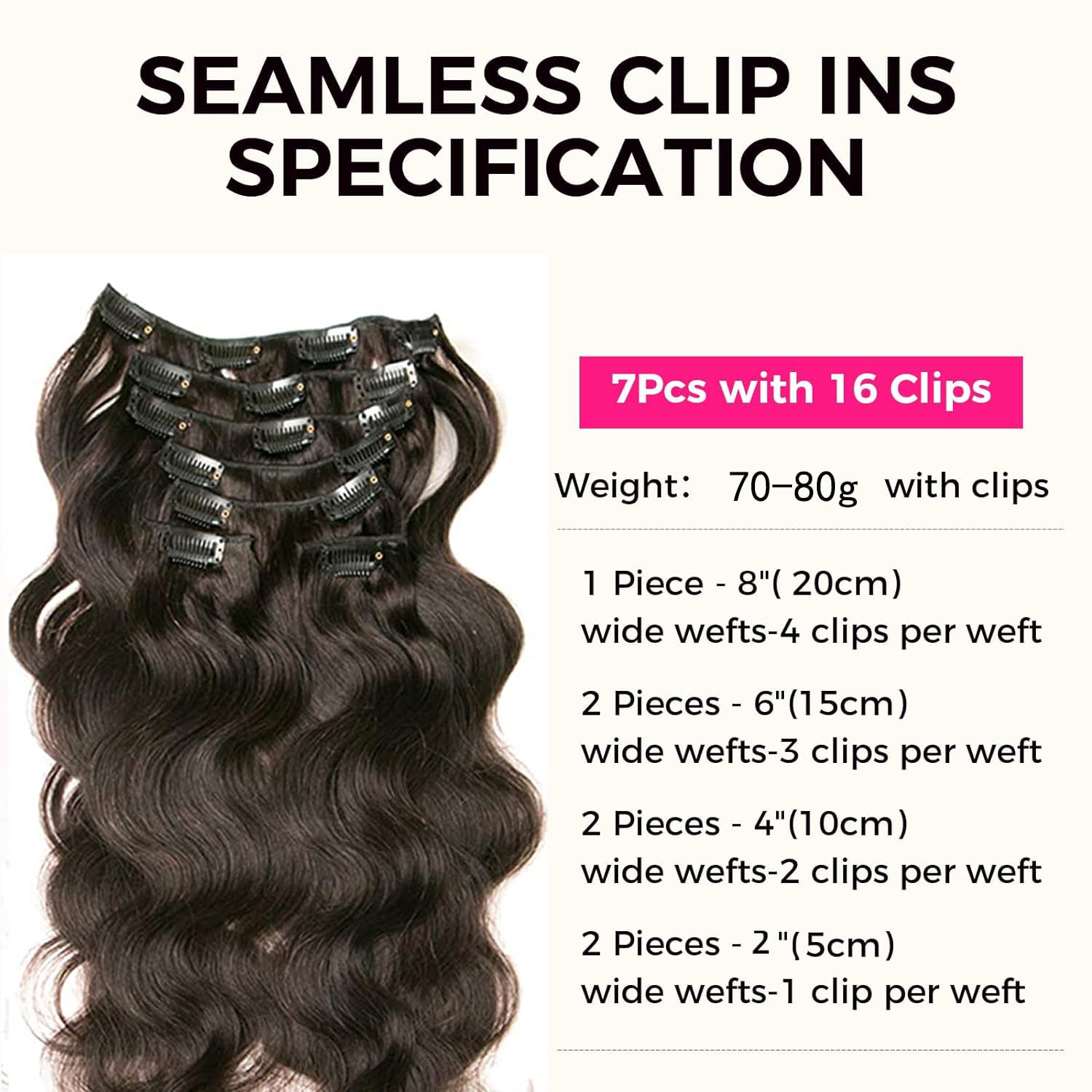 Clip in Hair Extensions 7pcs 70g Clip in Hair Extensions Human Hair Body Wave 16 Inch Hair Extensions Clip Ins for Women (1b#Natural black - Image 2