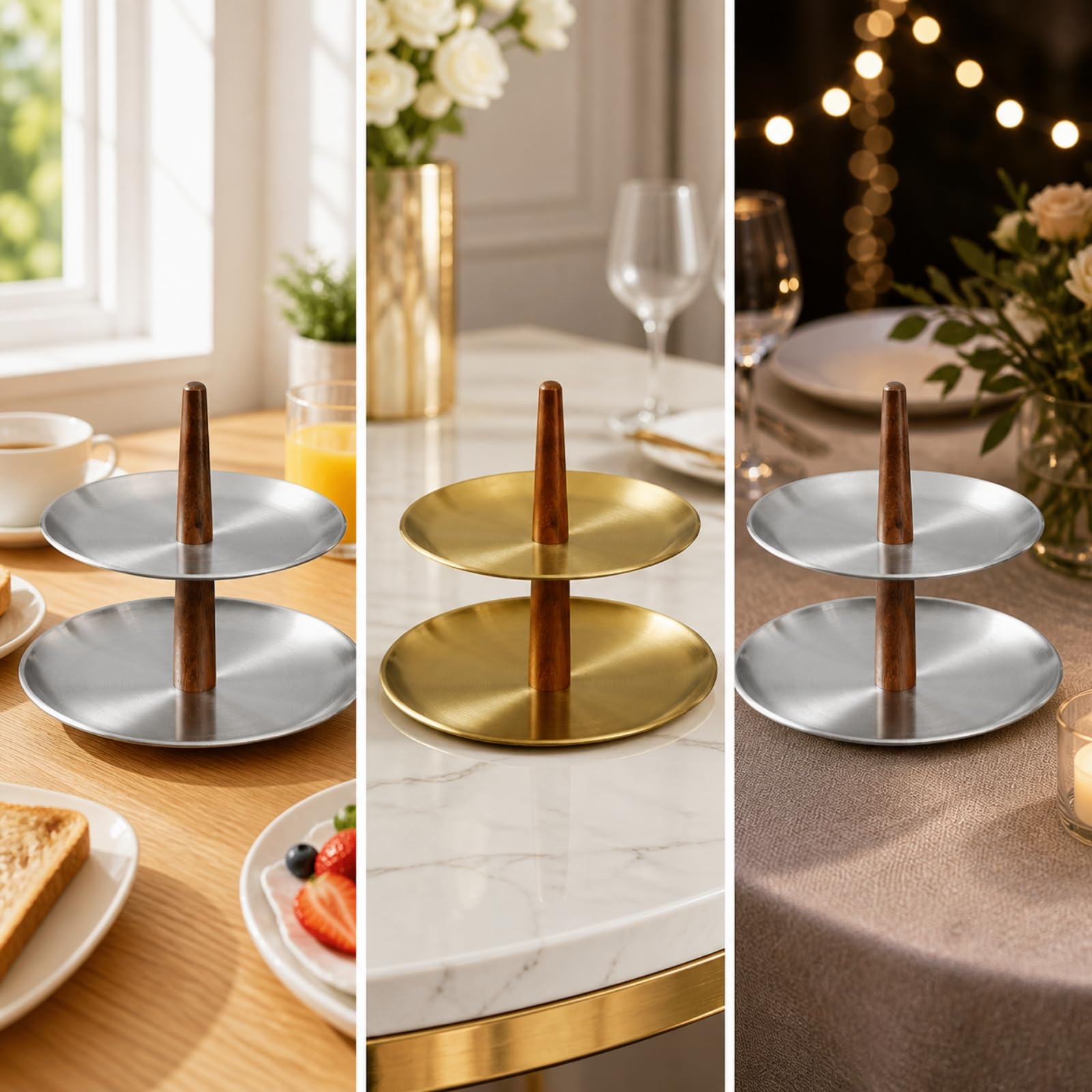 Présentoir à Pâtisseries Ed Central en Bois Compact Étagère à à Plateaux Robuste Support à Gâteau pr, Or, Grand+2+Niveaux