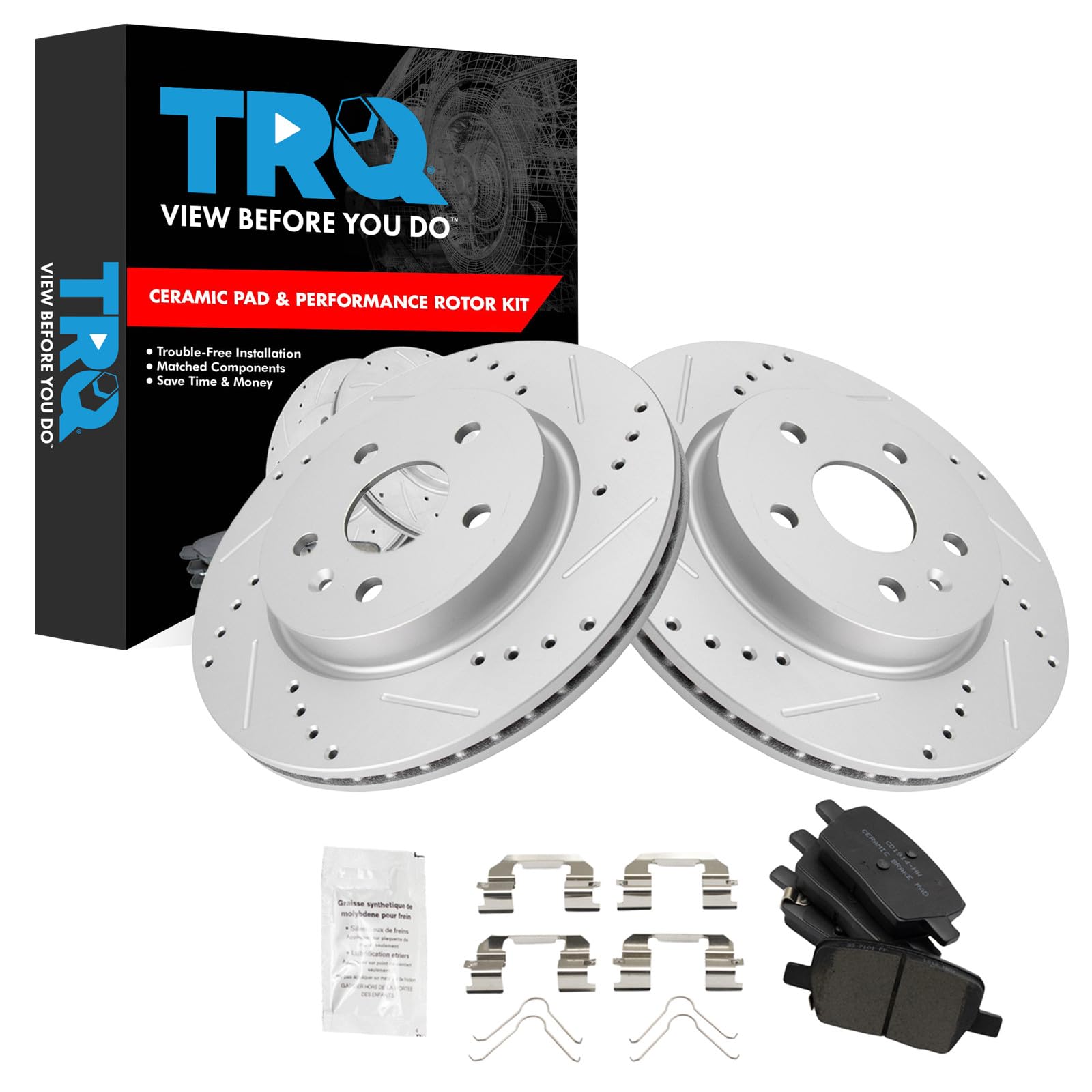 TRQ Performance Rear Ceramic Brake Pad and Rotor Set Drilled Slotted Coated Compatible with 17-19 Chevrolet Camaro Brake Code JL9 RPO Code J55 Heavy Duty Brakes without Brembo Package
