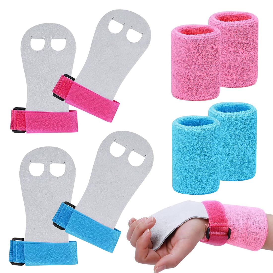 Set di Polsini Sportivi 2 Pezzi per Ginnastica Artistica Bambina, Trazioni, Bodybuilding, Fitness, Guanti Cross Training, S, Rosa + Blu