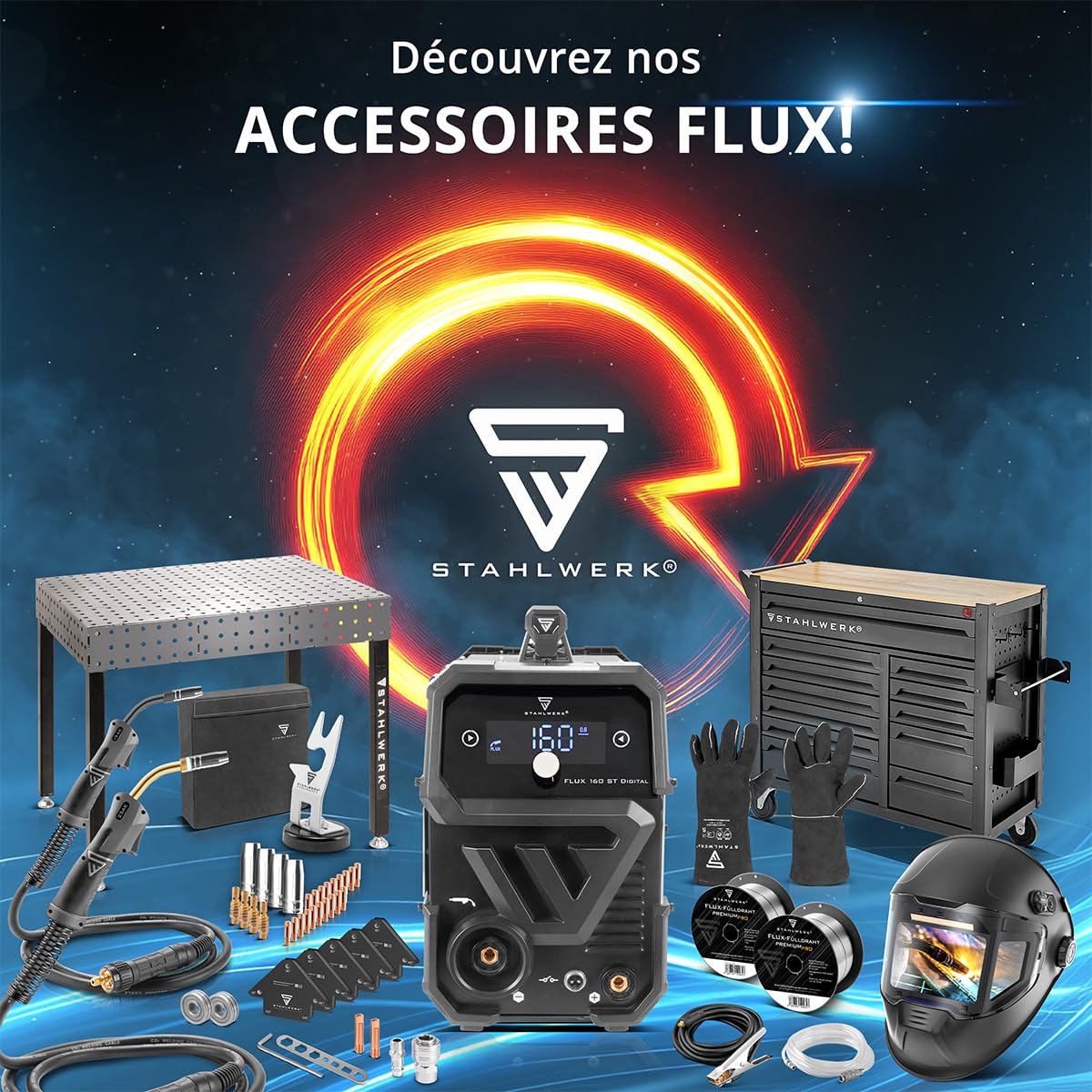 STAHLWERK Poste à souder FLUX 160 ST Digital – Combiné 3-en-1 160 A, soudage au fil fourré sans gaz, MMA (ARC), Lift-TIG (DC), dévidage synergique, éclairage LED, technologie IGBT