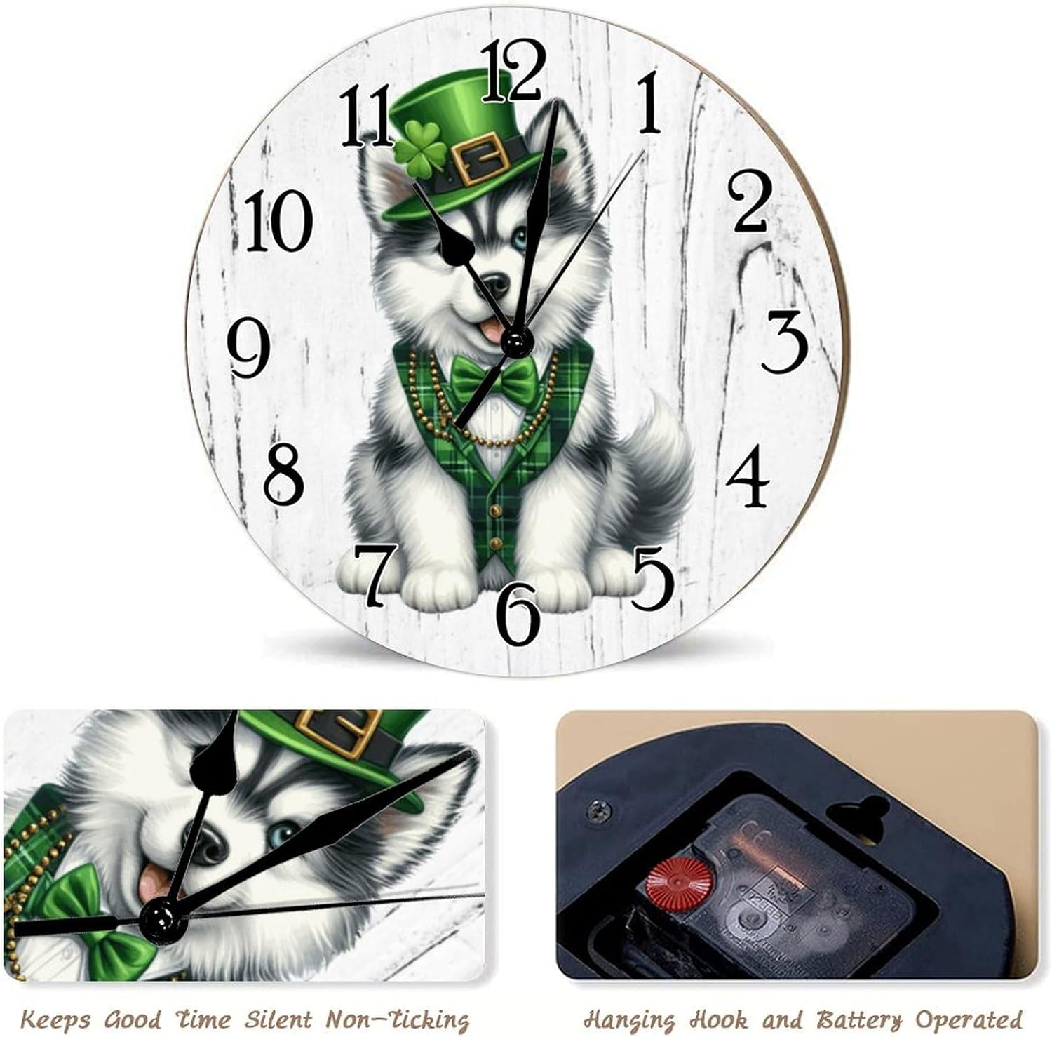 Siberian Husky Dog St. Patrick's Day Clock for Wall Siberian Husky Dog Green Leprechaun Hat Leaf Clock Dog Pet Portrait Wooden Clocks Non Ticking Battery Operated Wall Clock 12x12in