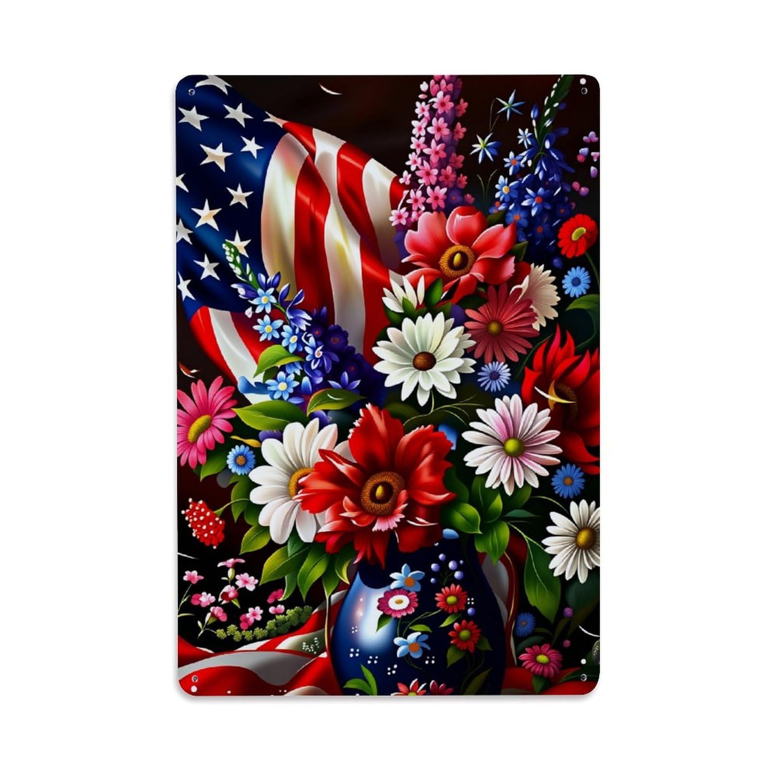 Enderetf Vintage American Flag Floral Bouquet Vase Tin Sign Metal Poster, Home Bar Garage Man Cave Cafe Indoor & Outdoor Wall Decoration 8X12inches