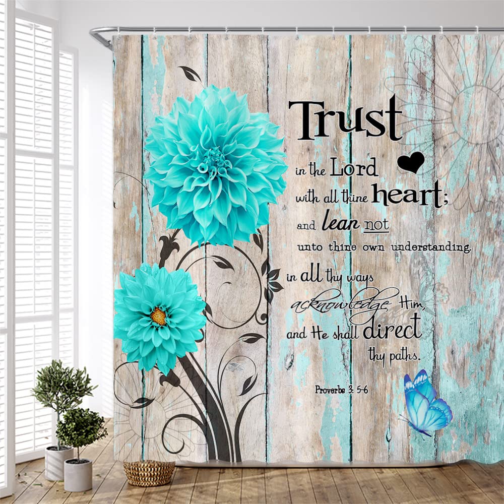 Inspirational Quote Shower Curtain Trust in The Lord with All Thine Heart Motivational Word Creative Flower Butterfly Teal Dahlia Rustic Wooden Board Pattern Polyester Fabric Curtains 83Wx70H inch