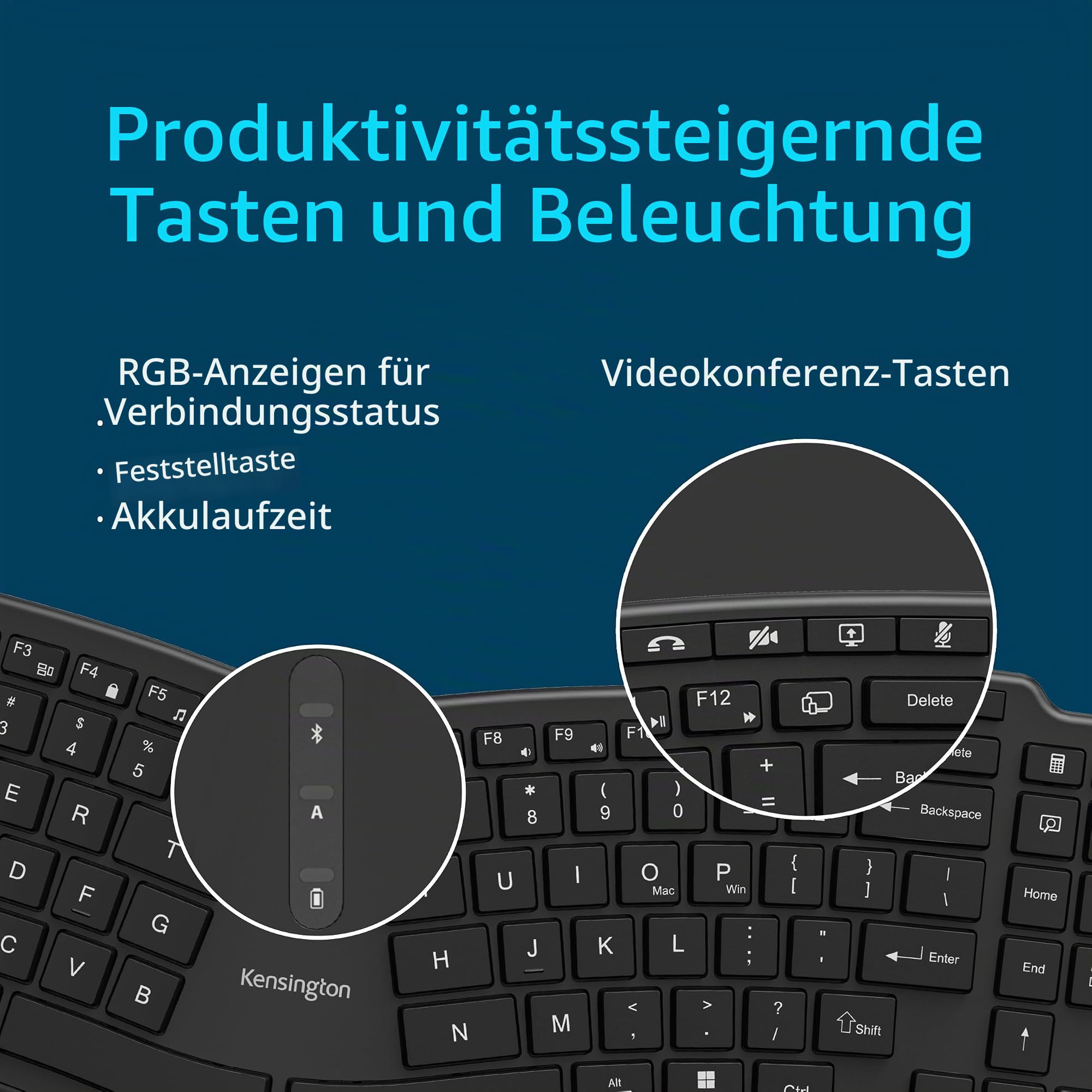 Kensington Pro Fit Ergo KB675 EQ Tastatur, QWERTZ, 2,4 GHz Bluetooth, kabellose, aufladbare TKL-Tastatur, kompatibel mit Windows und macOS, aus 43 % Post-Consumer-Recyclingmaterial (K75491DE)