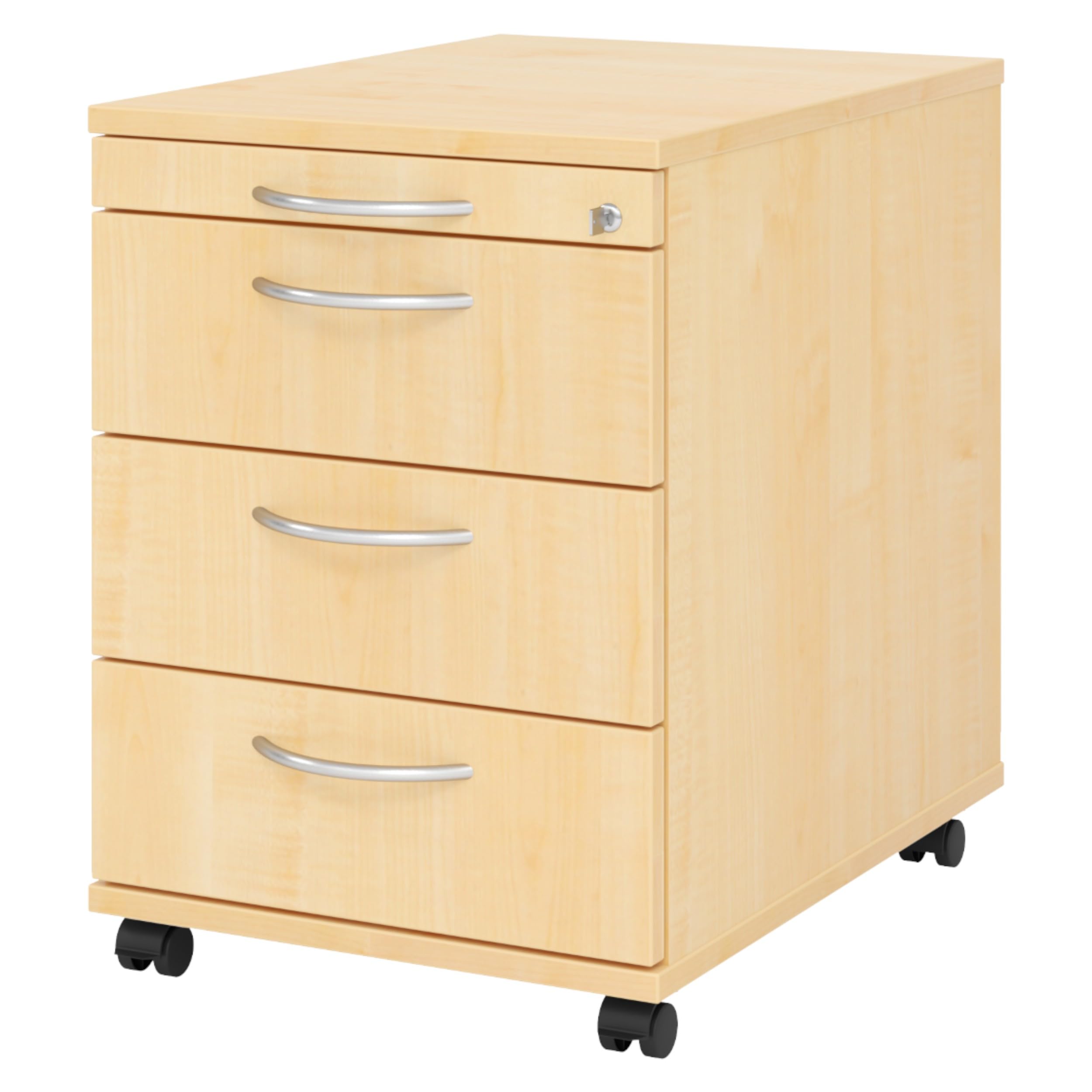 bümö Rollcontainer mit Schubladen, Container abschließbar aus Holz in Ahorn - Rollwagen für's Büro als Schreibtisch Unterschrank, Bürocontainer od. Schreibtischcontainer mit Bogengriffe