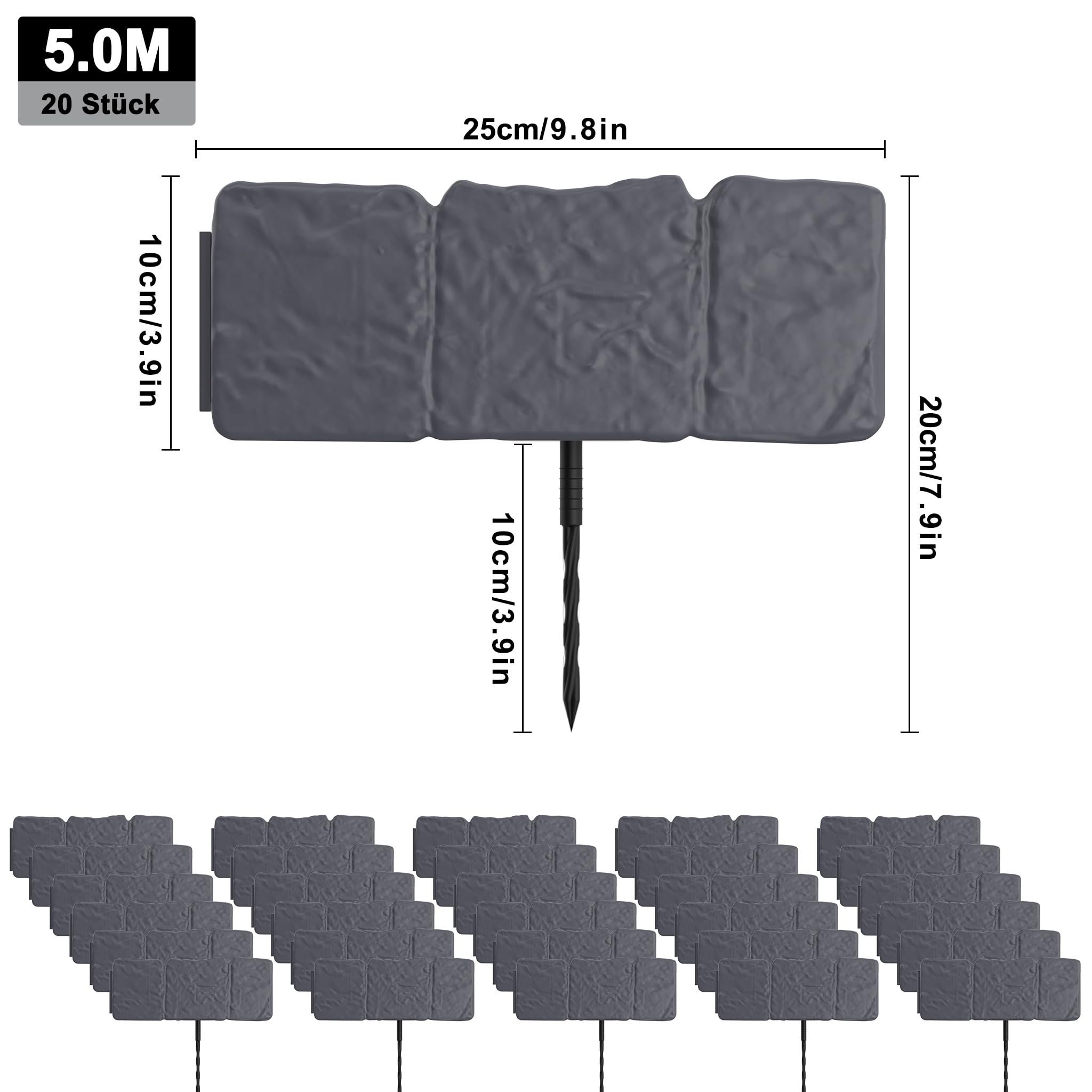 YRhome Bordo per prato, 15 m, in plastica effetto pietra, flessibile e stabile, bordo per aiuole, bordo per falciare, palizzata, facile da applicare, per giardino, recinzione decorativa, antracite