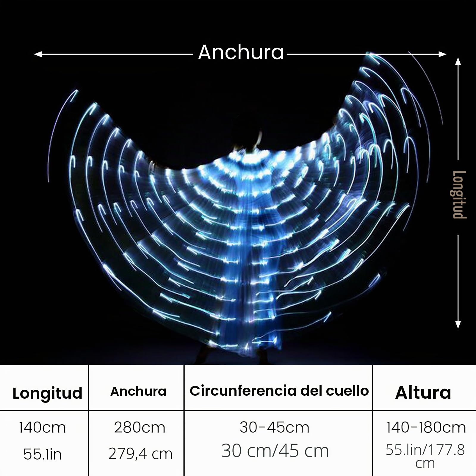 Alas LED para adultos 360° con modo de luz intermitente siempre encendida, arco iris con barras telescópicas, para Halloween, carnaval, disfraz, danza del vientre, cosplay (adulto blanco)
