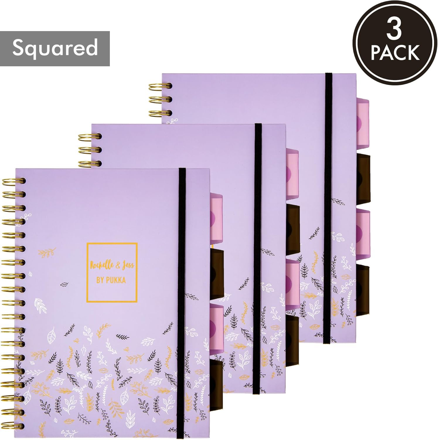 Pukka Pad Rochelle & Jess - Quaderno a spirale a 5 soggetti, confezione da 3 pezzi, 200 pagine, 100 fogli di carta da 80 g/m², con divisori riposizionabili e bordi perforati per pianificazione e