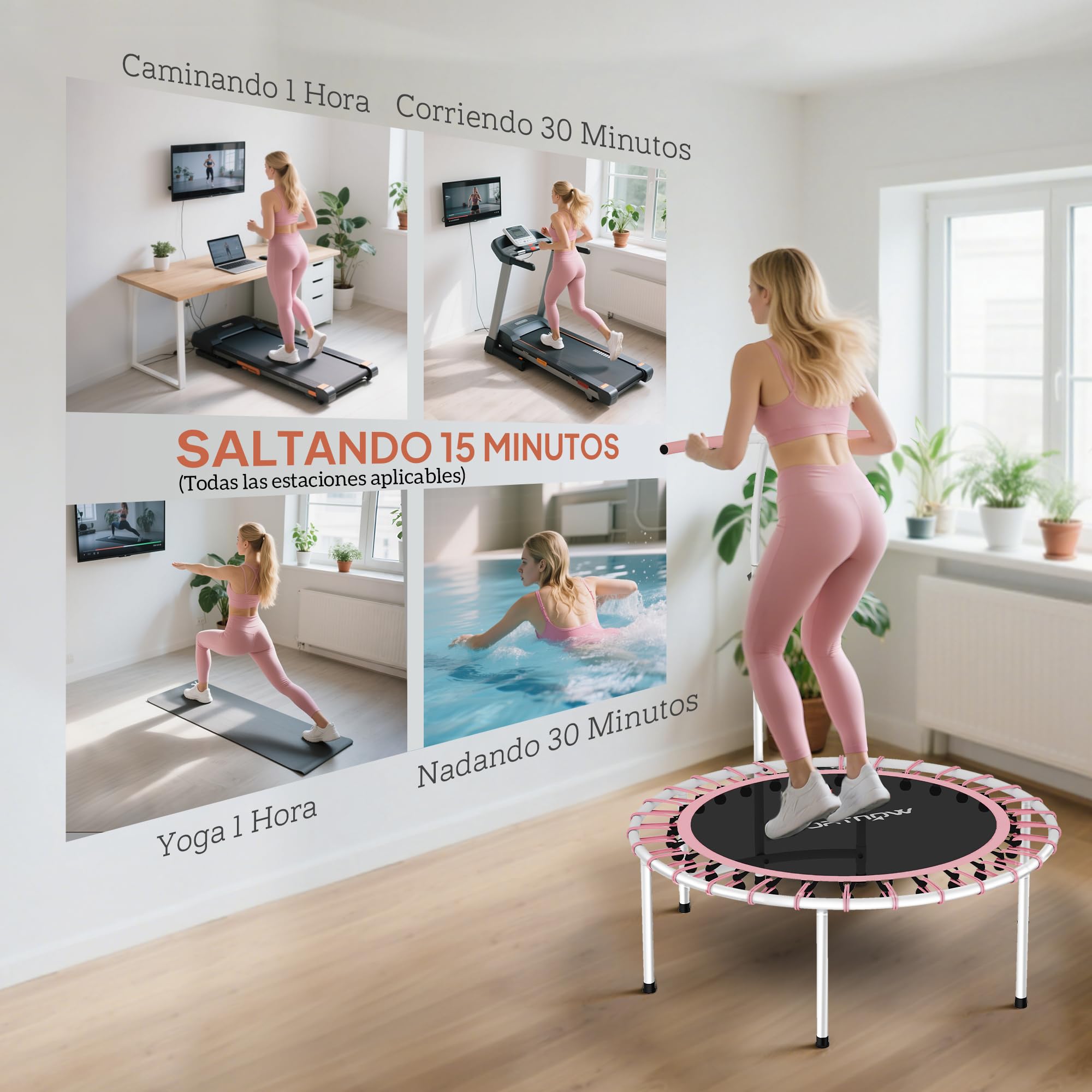 SPORTNOW Trampolín de Fitness Adultos Ø102 cm, Mini Cama Elástica Fitness con Mango Ajustable de 5 Niveles, Marco de Acero, para Entrenamiento Piernas, Cuerpo en Hogar, Oficina, Gimnasio, Rosa