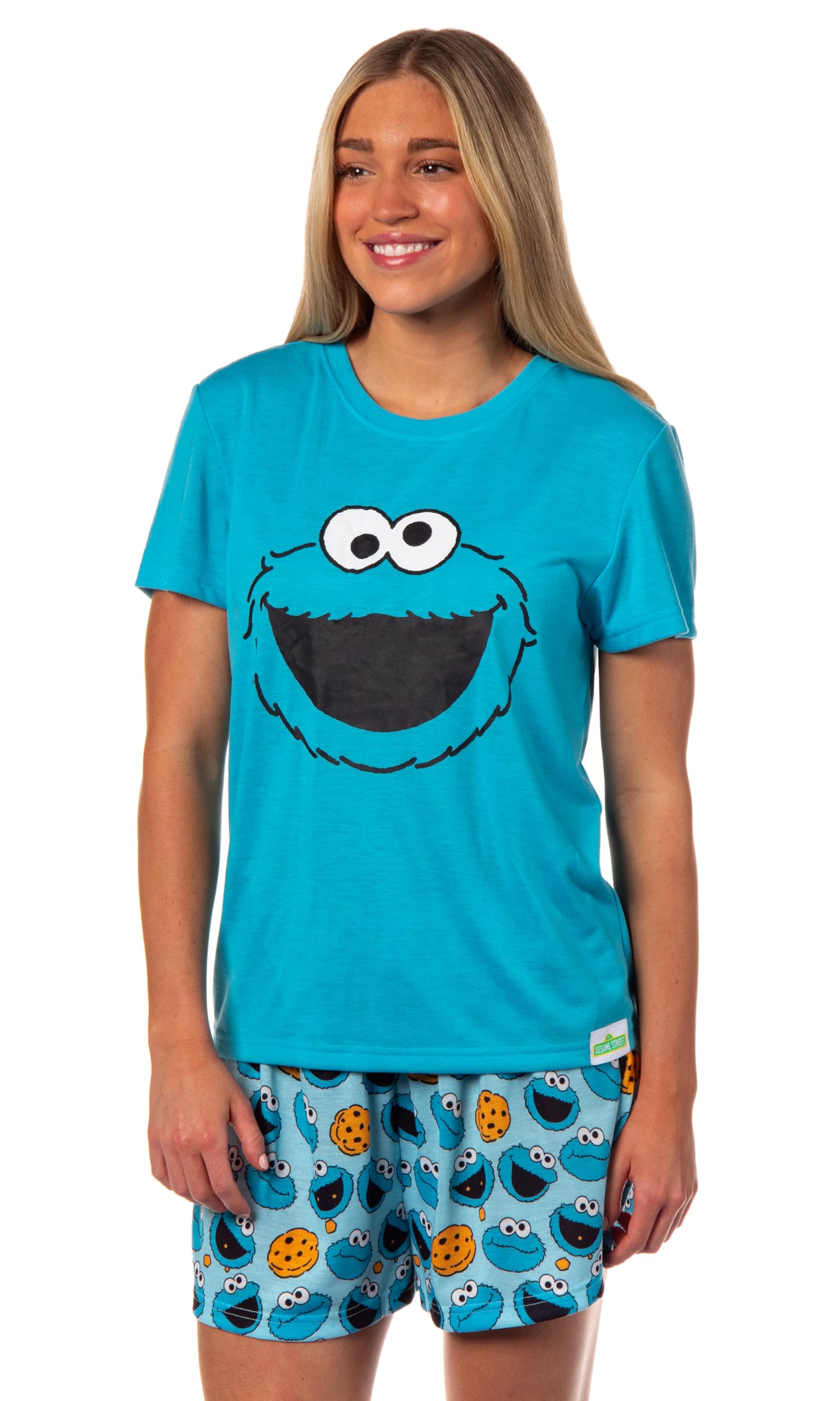 Sesame Street Women's Face Tossed Print Sleep Pajama Set Shorts, Cookie Monster, XL