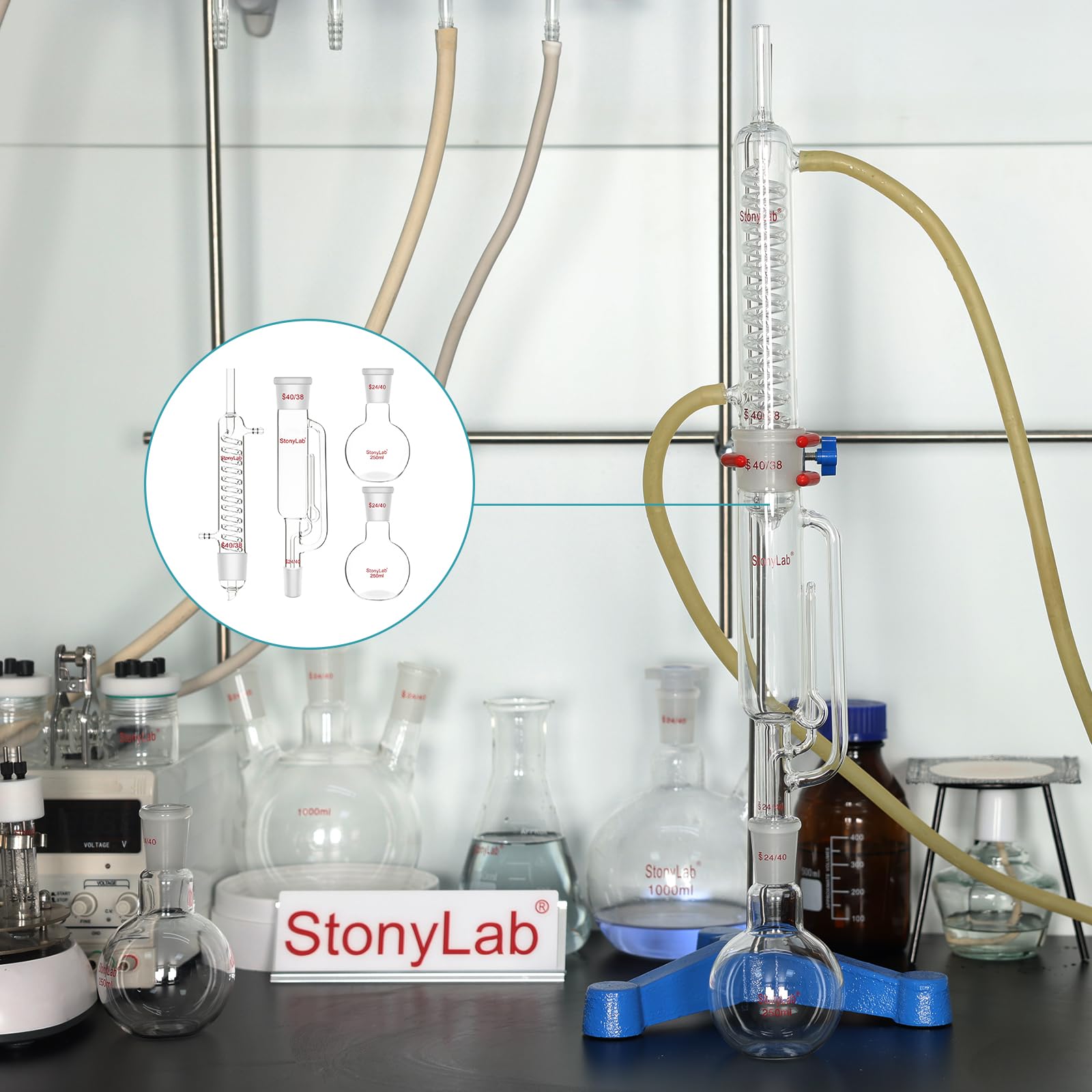 stonylab Kit di Estrazione Tipo Soxhlet, Vetro Borosilicato 40/38 Estrattore Soxhlet con Graham Condenser e Due Palloni a Fondo Piatto 24/40 da 250 ml per Processi di Estrazione