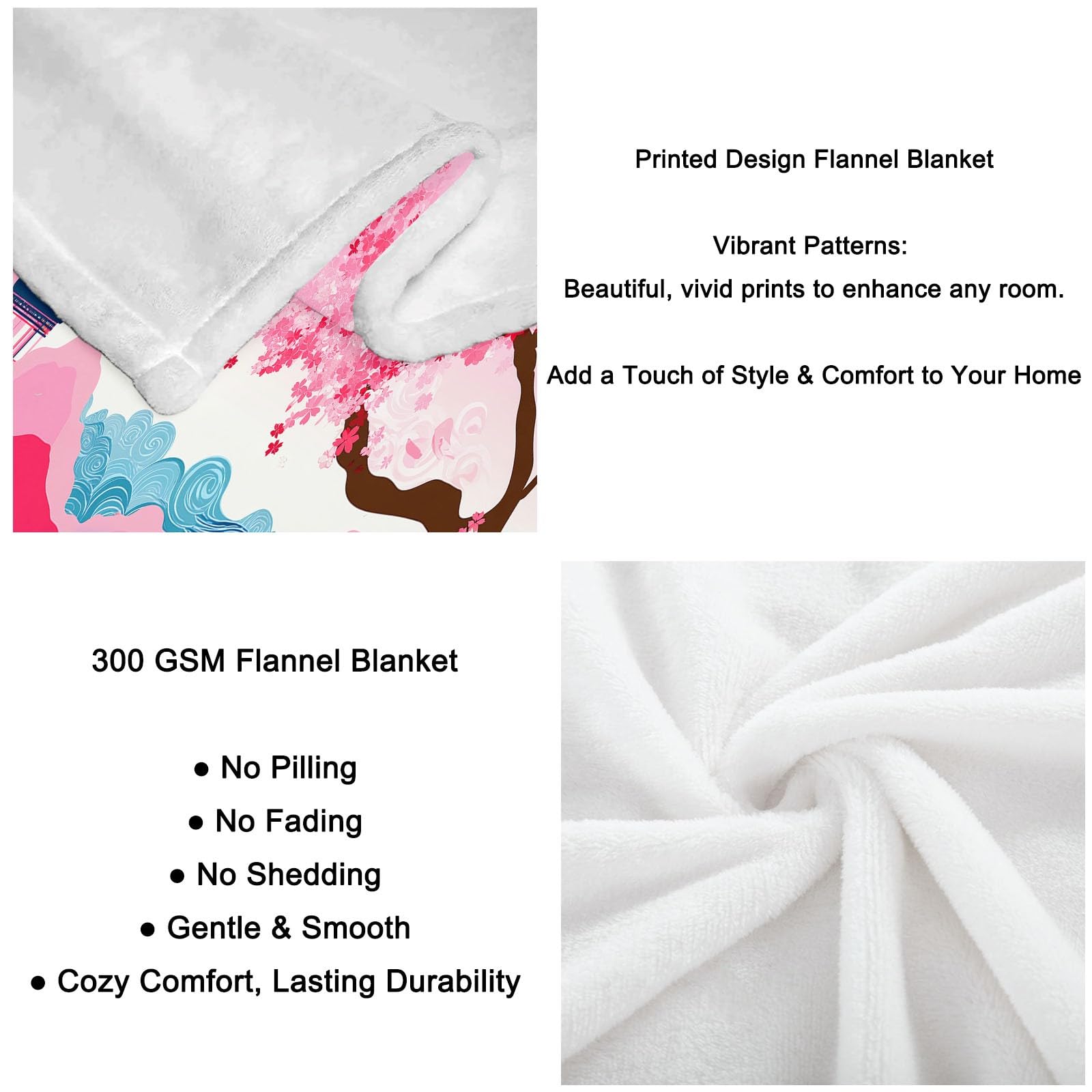 Flanelowy koc polarowy Rośliny Kwiaty Wiśni Elegancja Polar Pled, narzuta na sofę Wygodny podwójny koc na łóżko 2-osobowy koc zimowy w kratę, 220 x 240 cm różowy