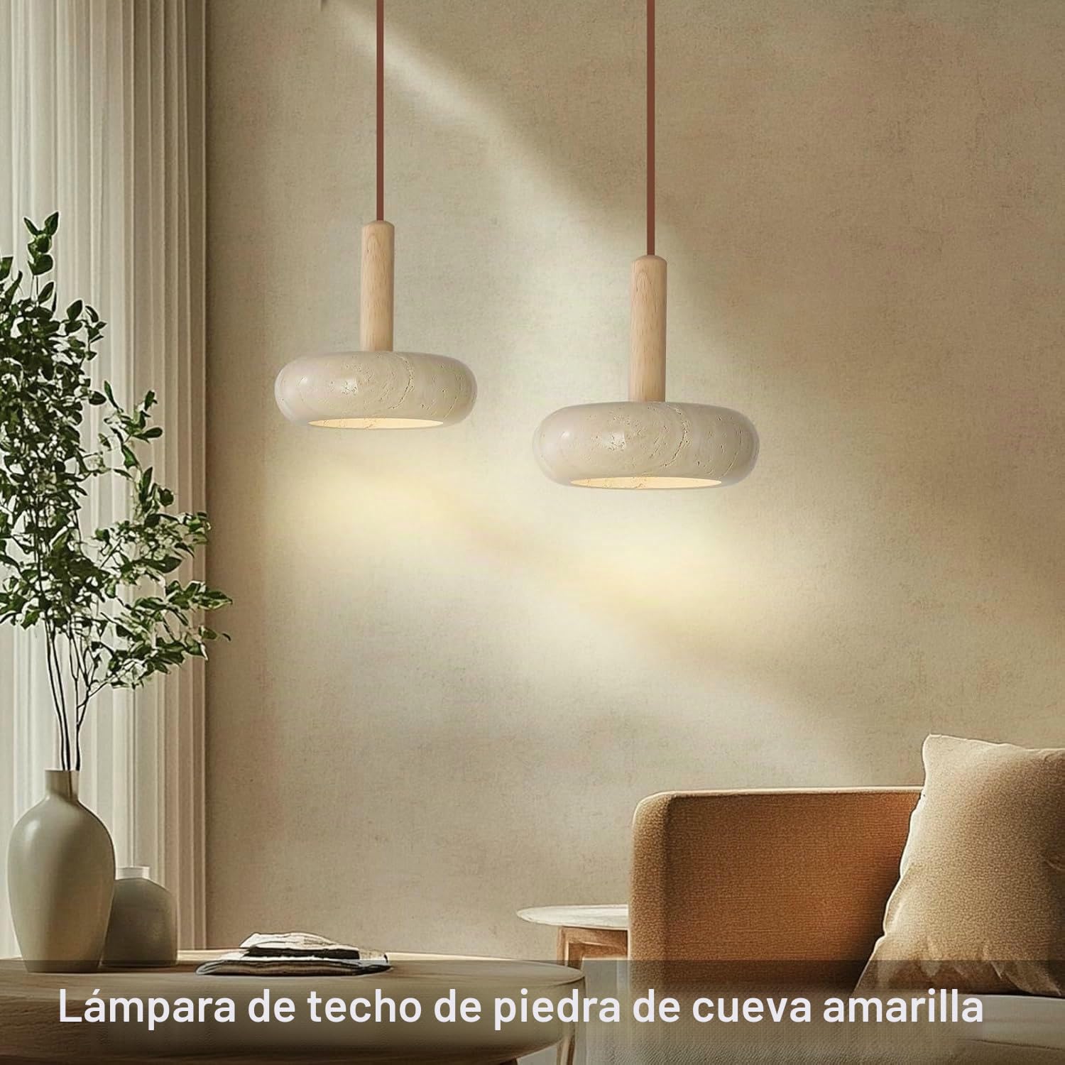Lámpara colgante estilo japonés Wabi-sabi, redonda, de piedra natural, de madera dormitorio mesita de noche 7W para sala de estar comedor, mesa, lámpara colgante de techo, 2 unidades