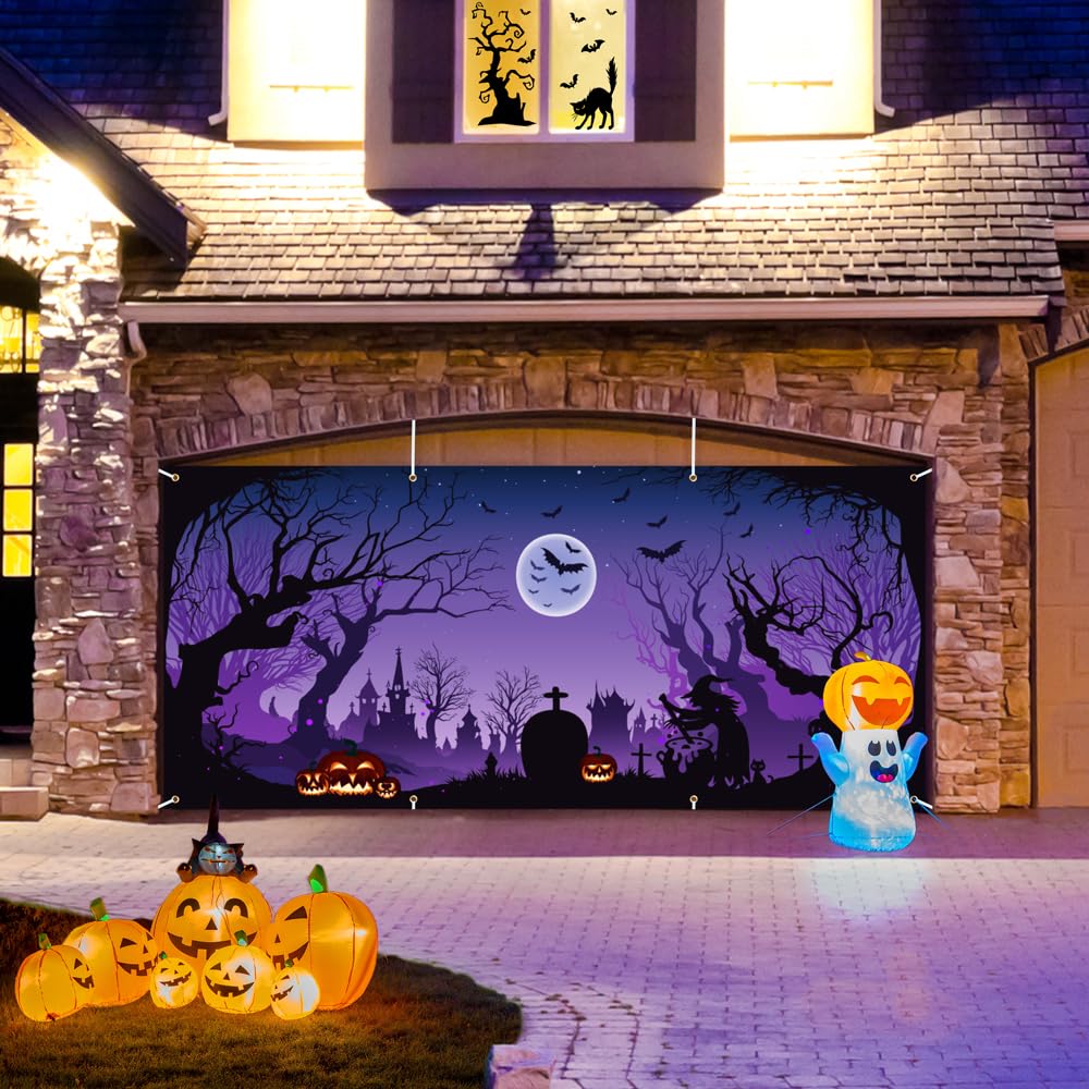 Lofaris 6x13ft Halloween Garage Door Cover Banner Purple Night Bat Full Moon Witch Graveyard Glowing Pumpkin Decor Outdoor Indoor Spooky Party Wall