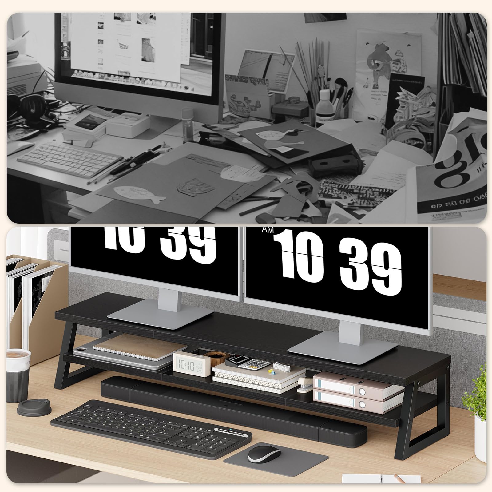 HOOBRO Supporto Monitor Scrivania a 2 Livelli per 2 Monitor, Supporto per Monitor con Rialzo per Monitor, Mensola da Scrivania per Ufficio con Spazio Contenitore, Accessori, Nero EBB122CJ01