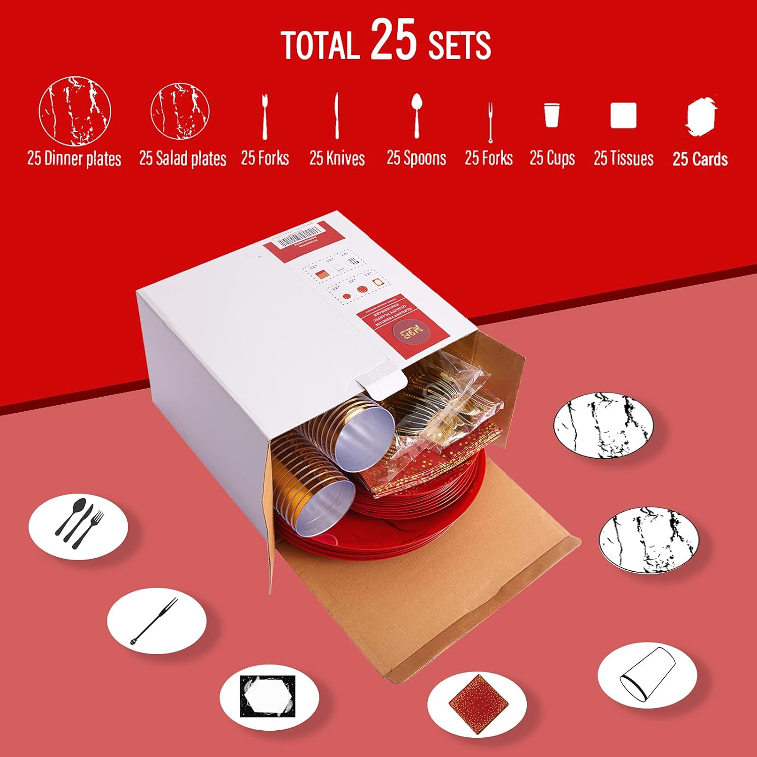 N9R 225PCS Red Gold Plastic Dinnerware Set - Disposable for Mother’s Day, Includes 25 Dinner Plates, 25 Dessert Plates, 25 Forks, 25 Spoons, 25 Knives, 25 Gold Cups, 25 Napkins & Table Cards