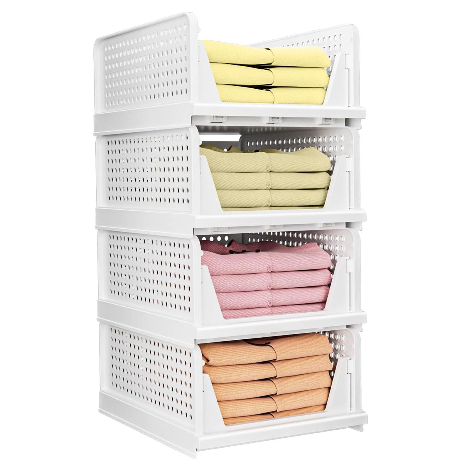 Warmiehomy Set of 4 Wardrobe Storage Organiser Shelves Stackable Drawer Closet Organisers Storage Boxes for Wardrobe for Cabinet Pantry Laundry Living Room, White