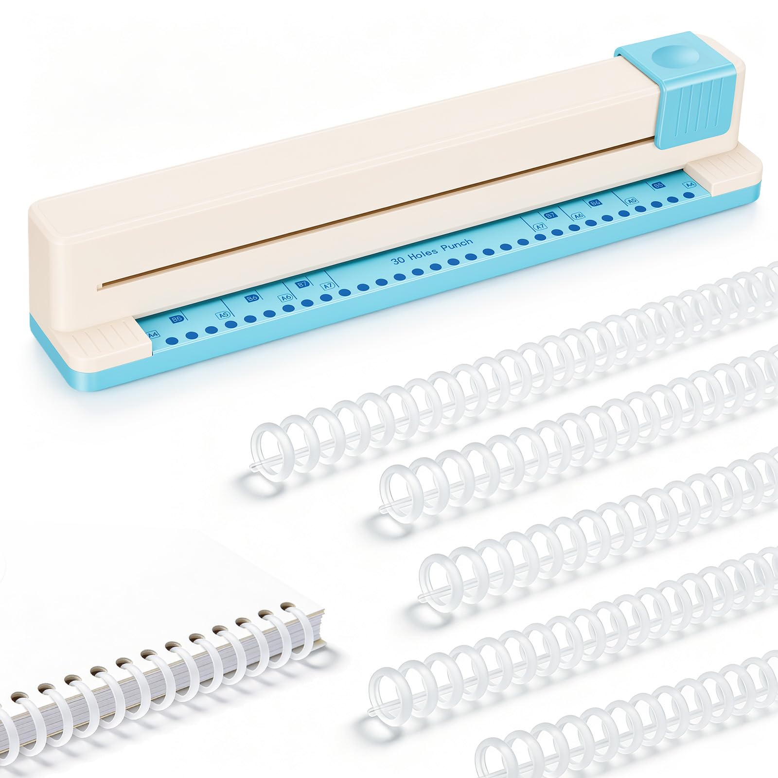 Bindegerät mit 30 Löchern, Manuelles Locher mit 6 Transparenten Bindespiralen Bindemaschine Spiralbindung Stanzt bis zu 3 Blatt für A4 A5 A6 A7 für DIY‑Planner Alben und Notizbücher