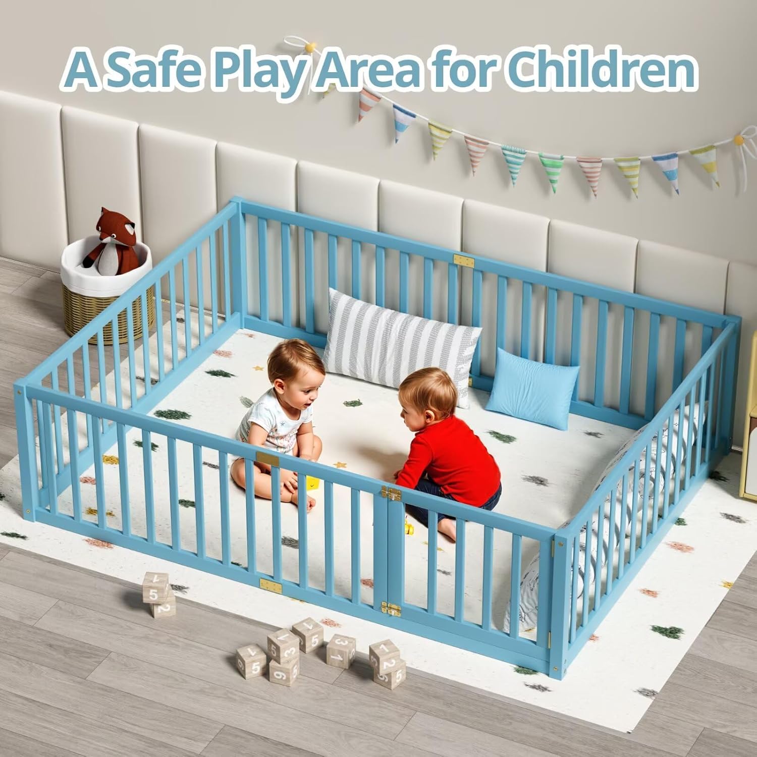 LLS Queen Size Floor Bed with 21.6" High Fence, Solid Wood Multifunctional Montessori Bed Frame with Door for Kids Boys Girls, Without Slats, Sky