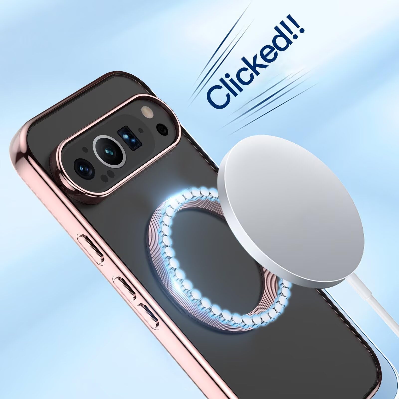 ESONG Funda Silicona Magnética Para Google Pixel 9/9 Pro,Compatible Con Magsafe[Carga Inalámbrica][Protector De Lente De Cámara],Carcasa Transparente Protección Antigolpes Bumper Case-Oro Rosa