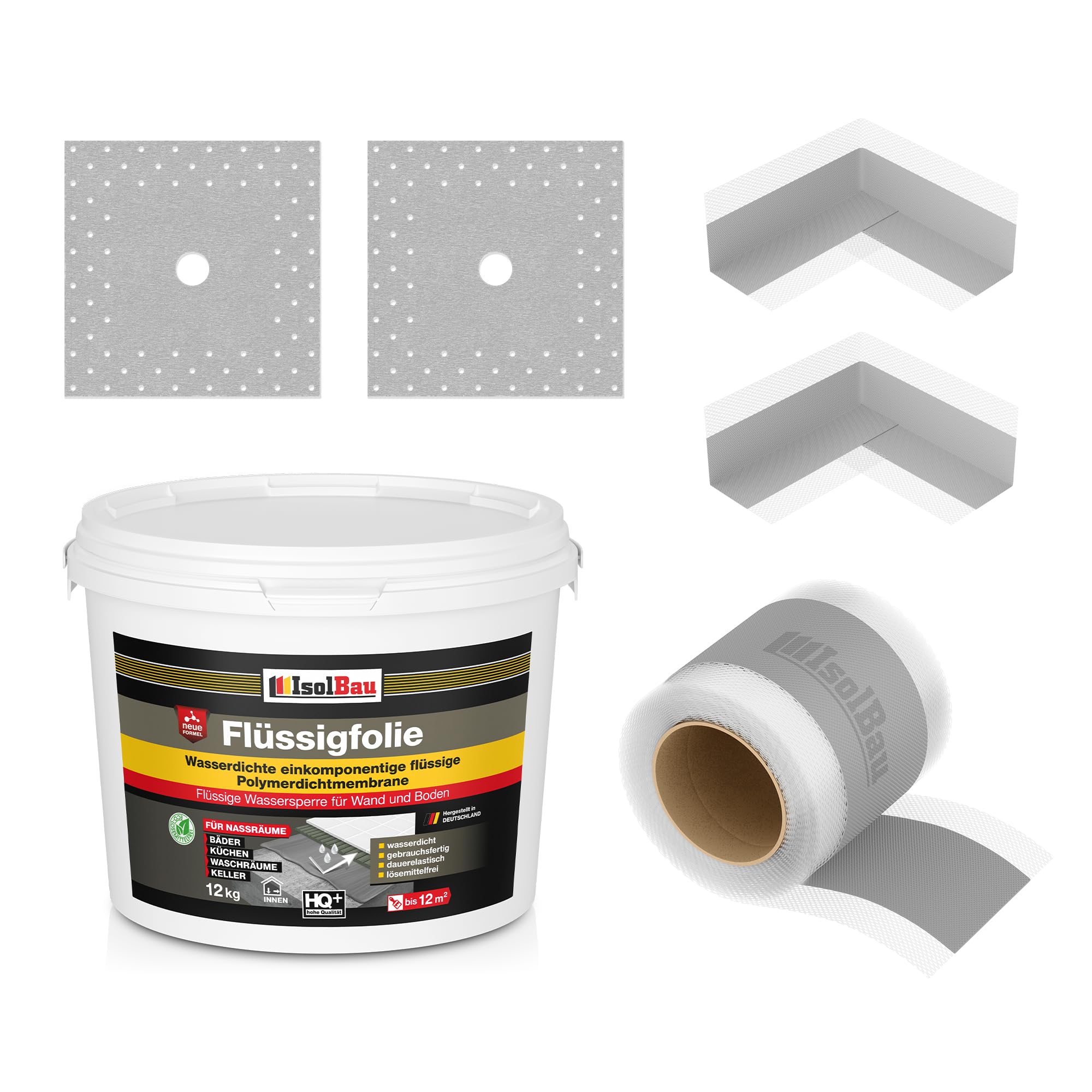 Kit de joints d'étanchéité pour douche, salle de bain, cuisine - Film liquide 12 kg, 2 angles intérieurs, 2 manchettes murales, bande d’étanchéité de 10 m