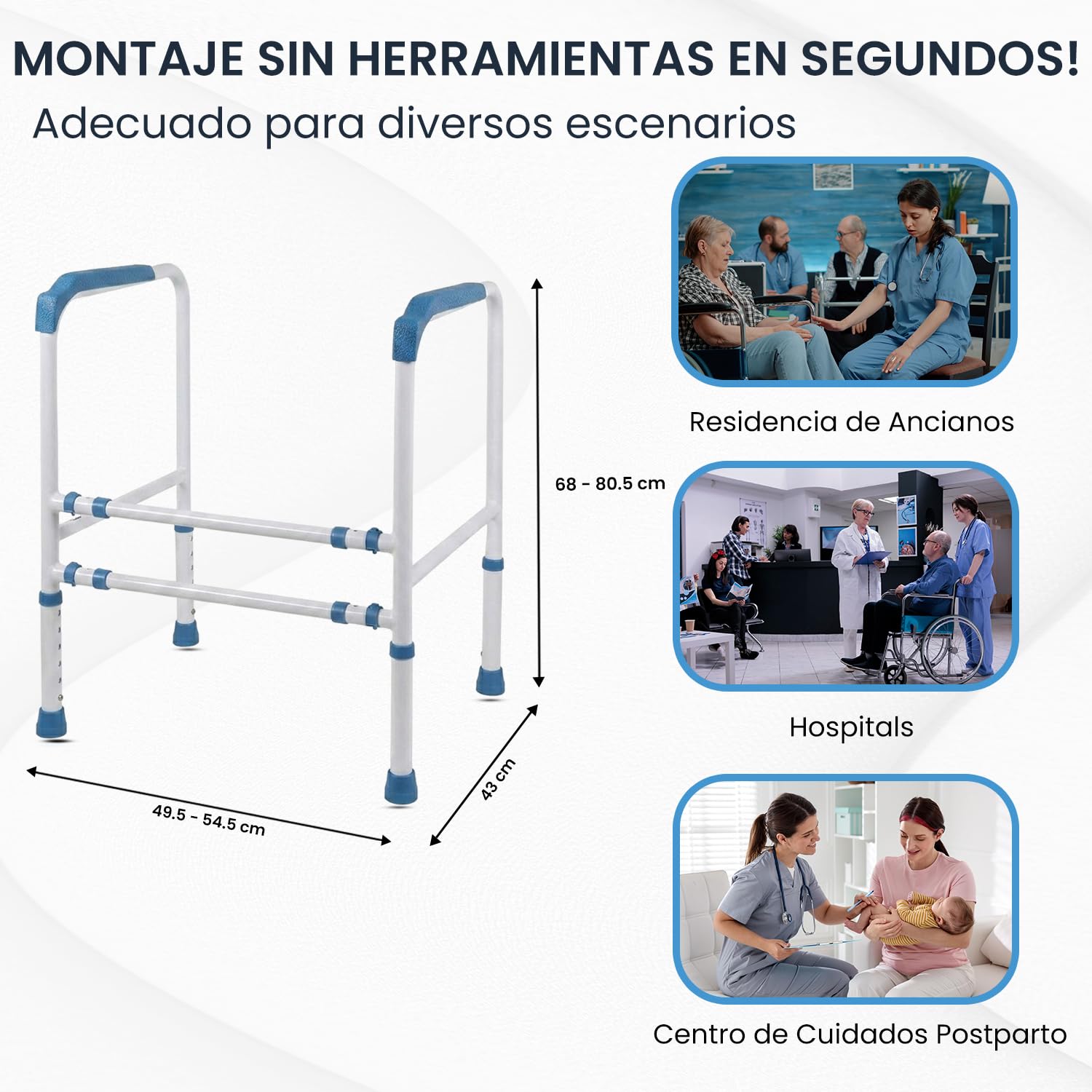 VED Barra de Seguridad para Inodoro de Acero Mejorada con Abrazadera Fijable, Asistencia para Inodoro, Barras para Discapacitados