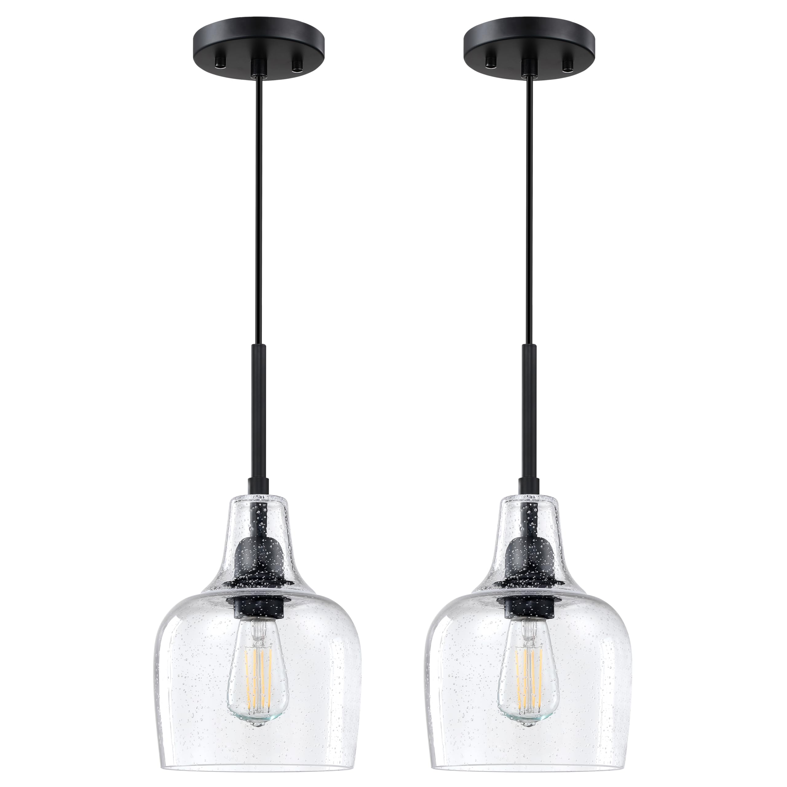 2 Pack 1 Light Indoor Hanging Kitchen Island Pendant Ceiling Light 6.1" Clear Seeded Glass Fixture,Black Finish for Farmhouse Over Sink Bedroom