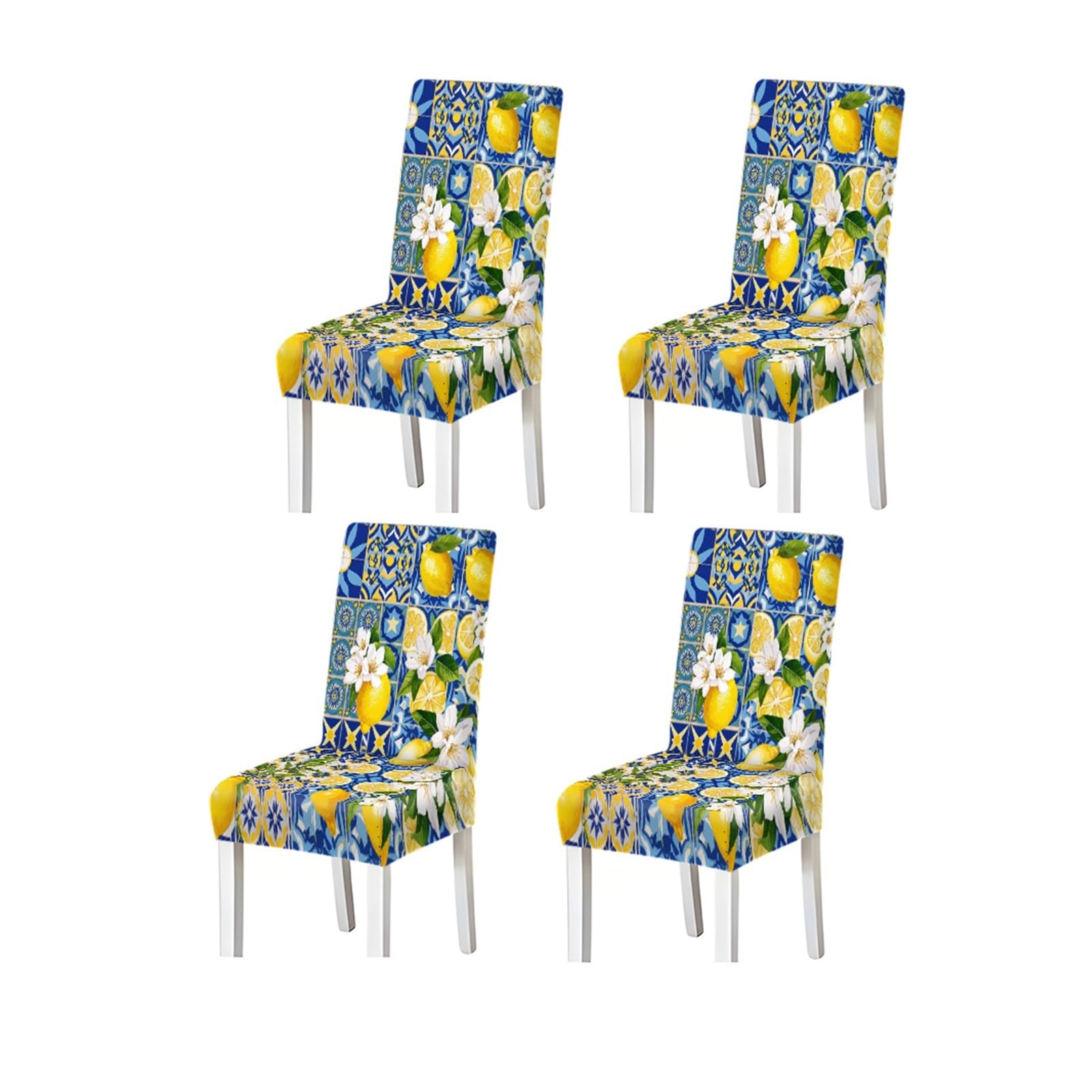 FZJKGH Mediterranean Lemon Tile Pattern Print Dining Chair Covers Set Of 2/4/6, Blue White Floral Stretch Slipcovers Removable Stretch Slipcovers for Dining Chairs(4PCSChair cover)