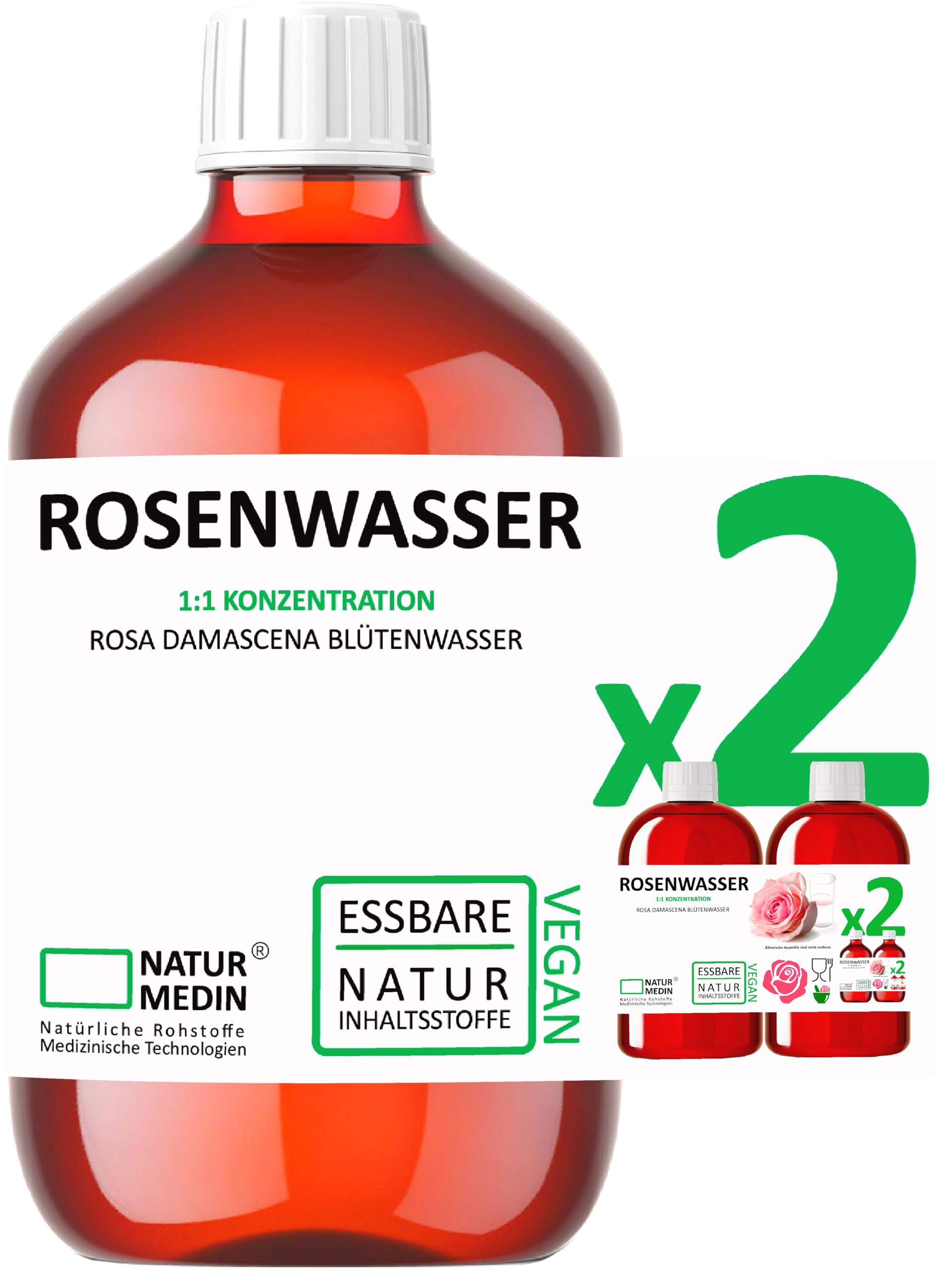 1.000ml AYURVEDA ROSENWASSER – Lebensmittelqualität – (2x500ml) NATURMEDIN®