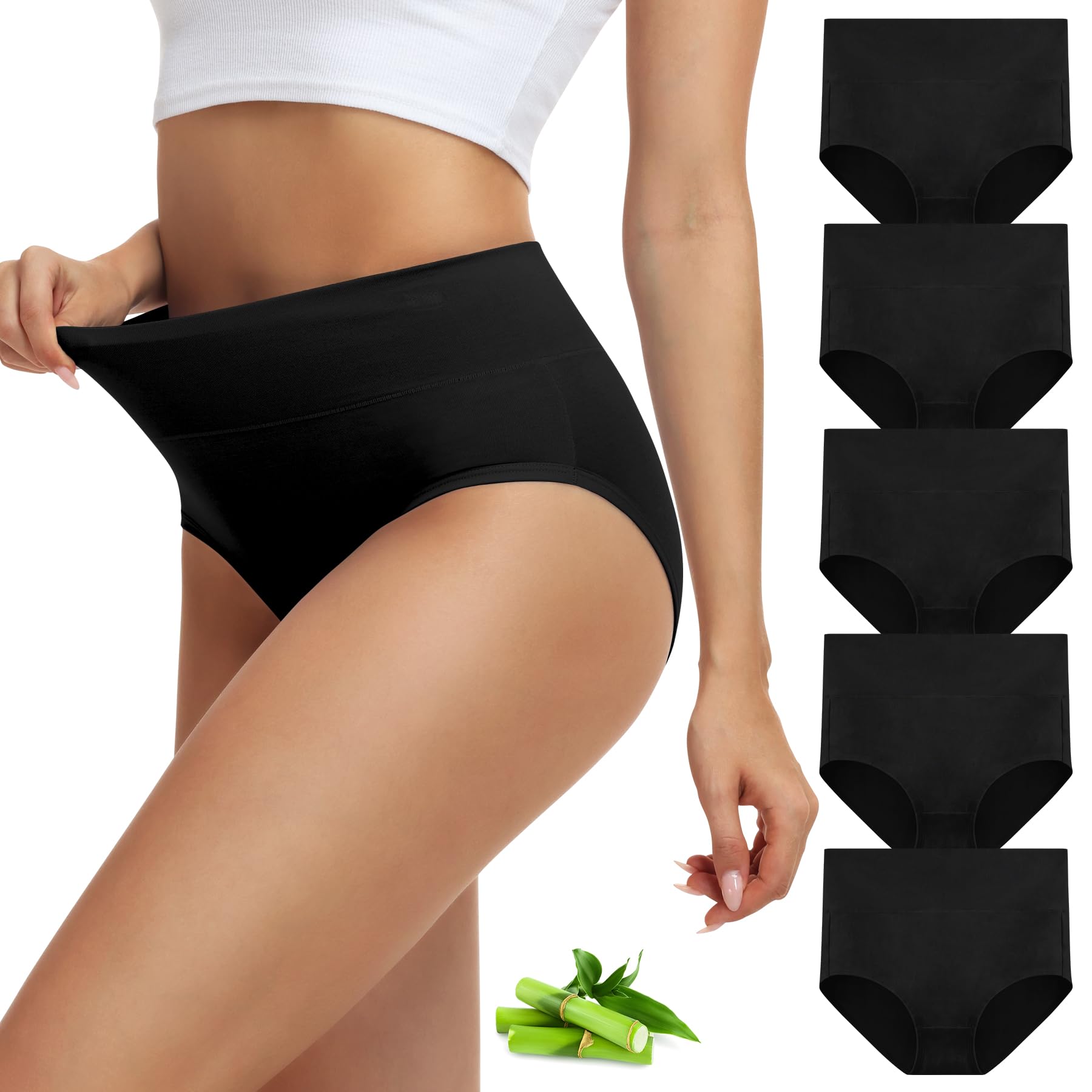 FALARY Bambus Unterhosen Damen Hohe Taille,Seidenweich und Weichheit Unterwäsche Frauen,Atmungsaktiv Stretch Panties, Bauchweg Leicht Slip 5 Pack