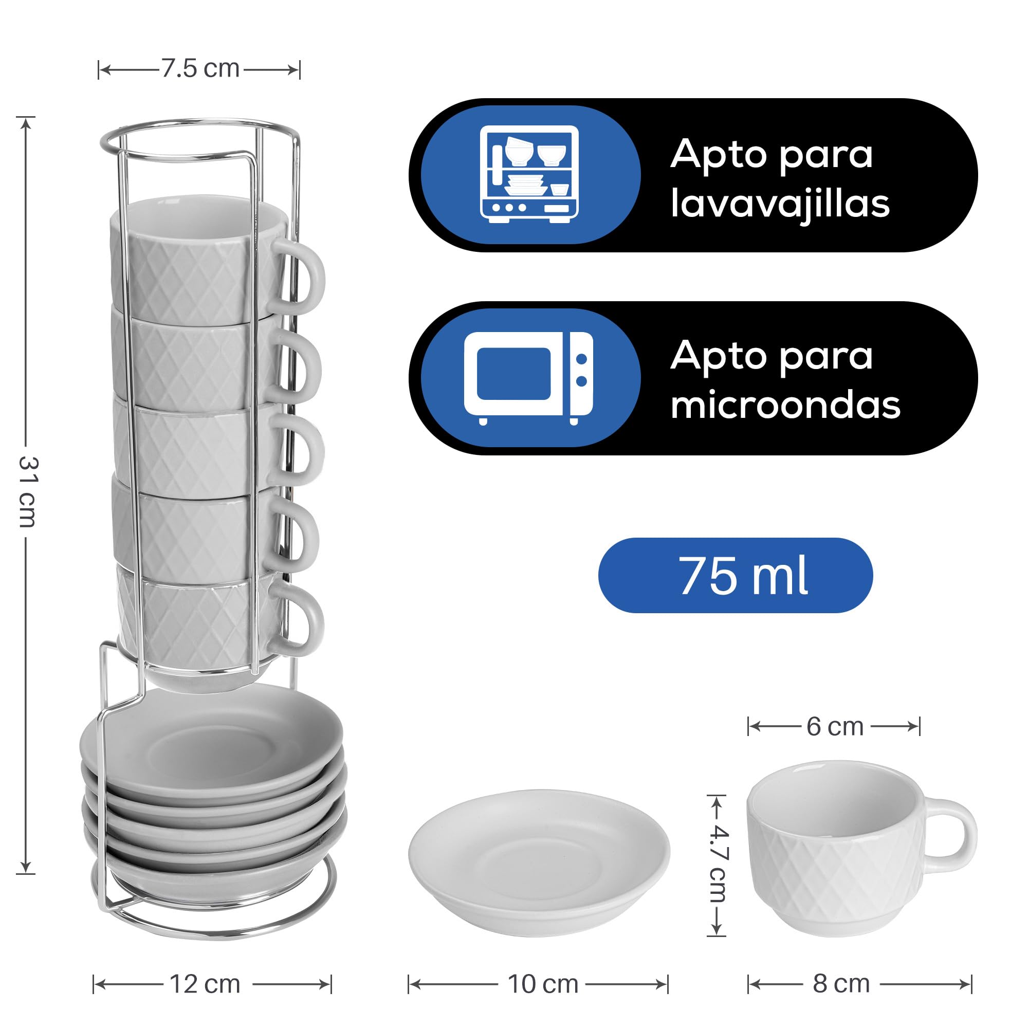 MIAMIO - Set de 6 Tazas Espresso 75 ml con Soporte Cerámica Gres – Tazas Pequeñas para Espresso – Juego Moderno en Blanco – Colección Palmanova, Apta Lavavajillas | Con soporte, apto para lavavajillas, microondas y frigorífico, 6 tazas