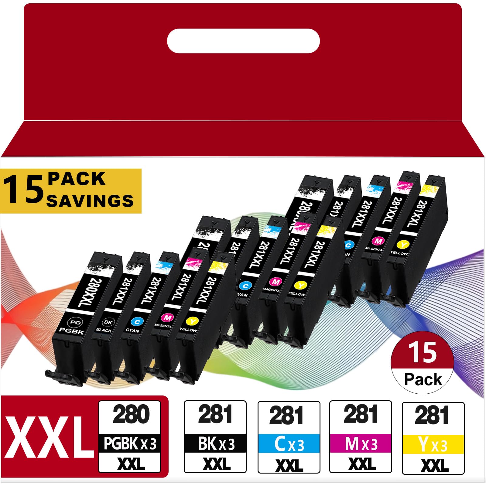 15 pack PGI-280 XXL CLI-281 XXL Ink Cartridges Replacement for Canon 280XL 281XL for TS9521C TS6320 TR8622A TS6220 TR8600 TR8520 TS702A TR8620A TR7520