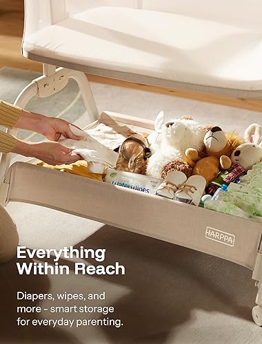 Miniatura 6 de HARPPA Moisés de bebé 2 en 1 con malla transpirable y colchón, 6 alturas ajustables, cama de noche con correa de anclaje, cesta de almacenamiento y